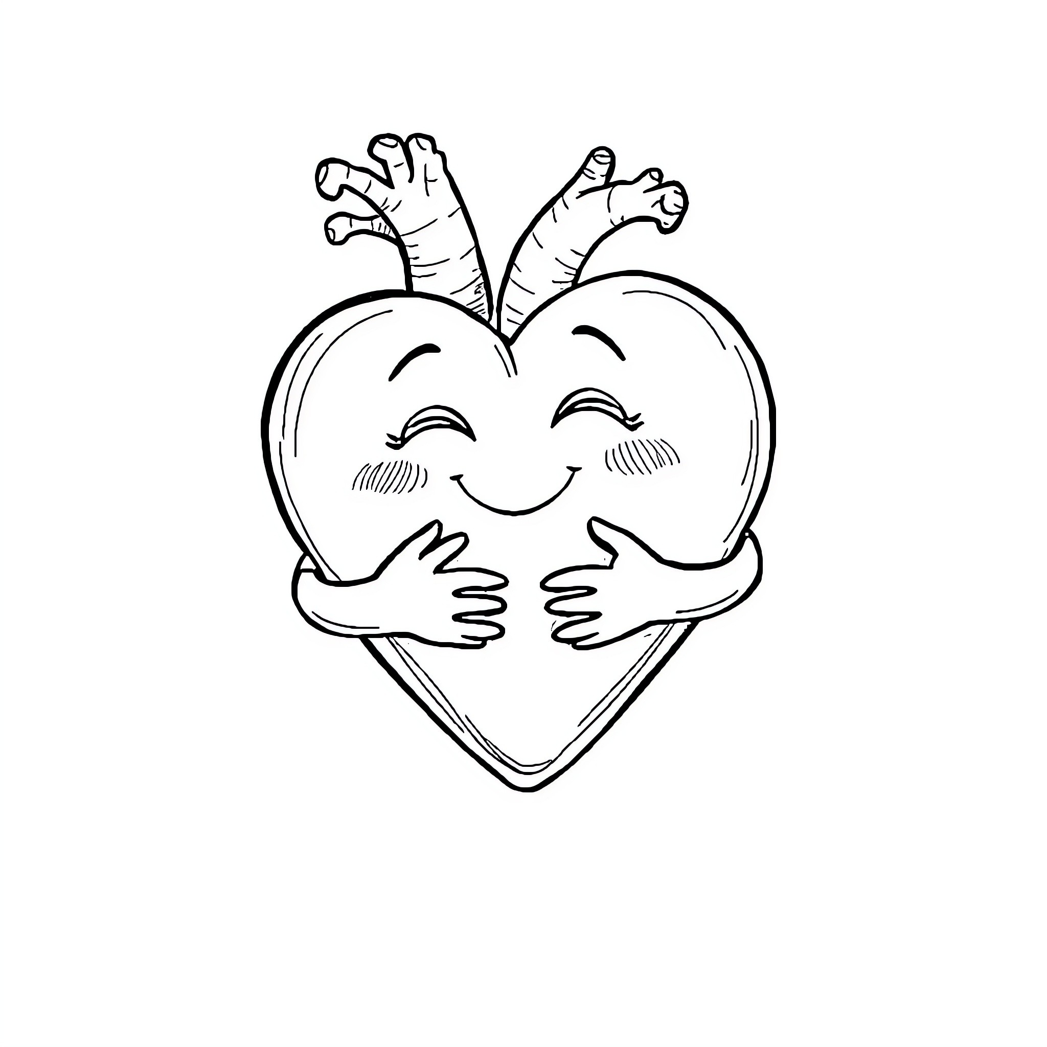 Heart Hugging and Smiling Joyfully Coloring Page (free black-and-white line drawing printable PDF for all, from beginners to advanced learners, including children, teens, adults, and seniors)