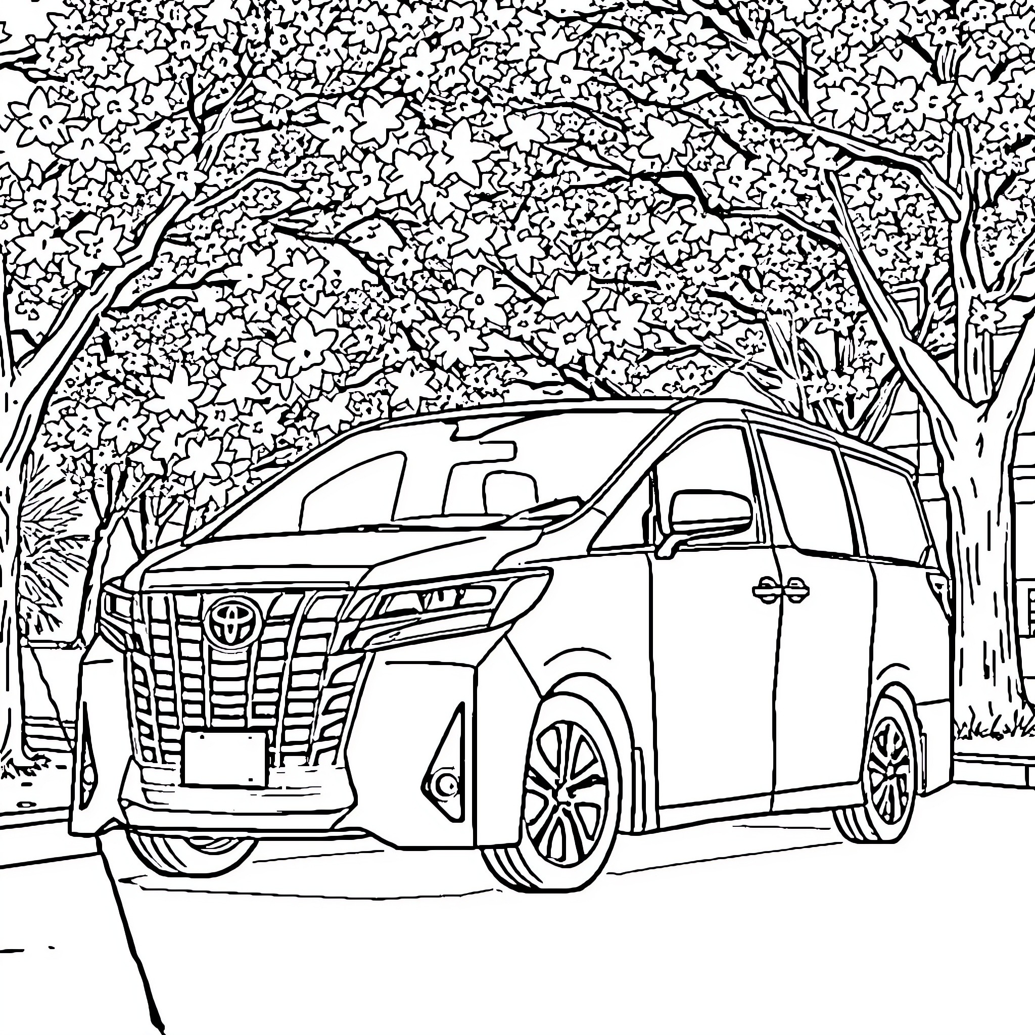 Toyota family minivan in scenic park setting Coloring Page (free black-and-white line drawing printable PDF for all, from beginners to advanced learners, including children, teens, adults, and seniors)