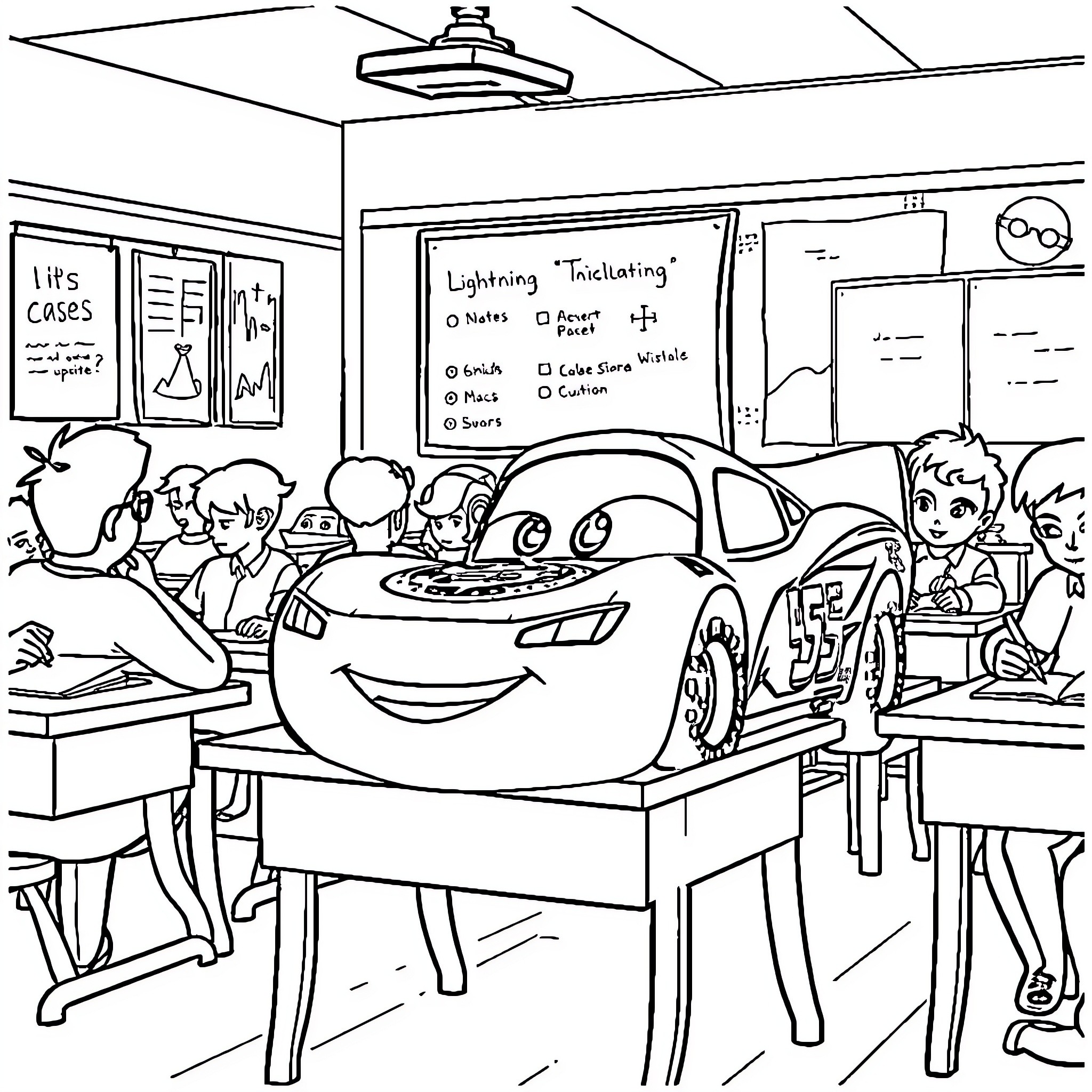 Lightning McQueen and friends in a classroom setting Coloring Page (free black-and-white line drawing printable PDF for all, from beginners to advanced learners, including children, teens, adults, and seniors)