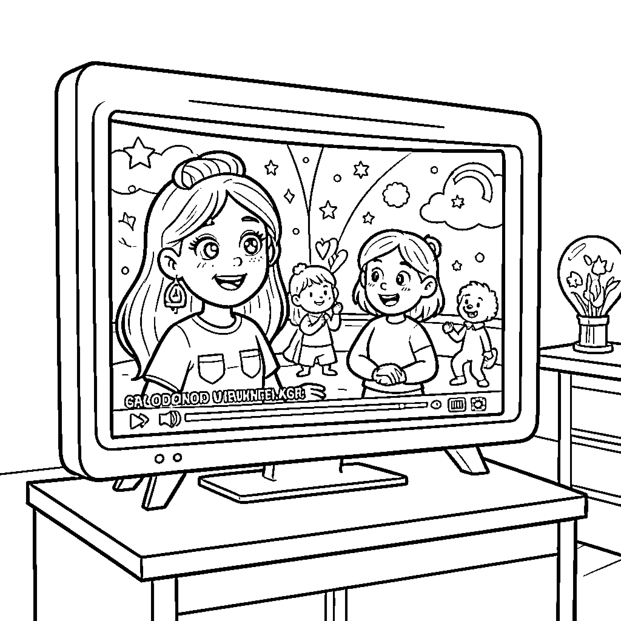 Video of children playing happily on a TV screen Coloring Page (free black-and-white line drawing printable PDF for all, from beginners to advanced learners, including children, teens, adults, and seniors)