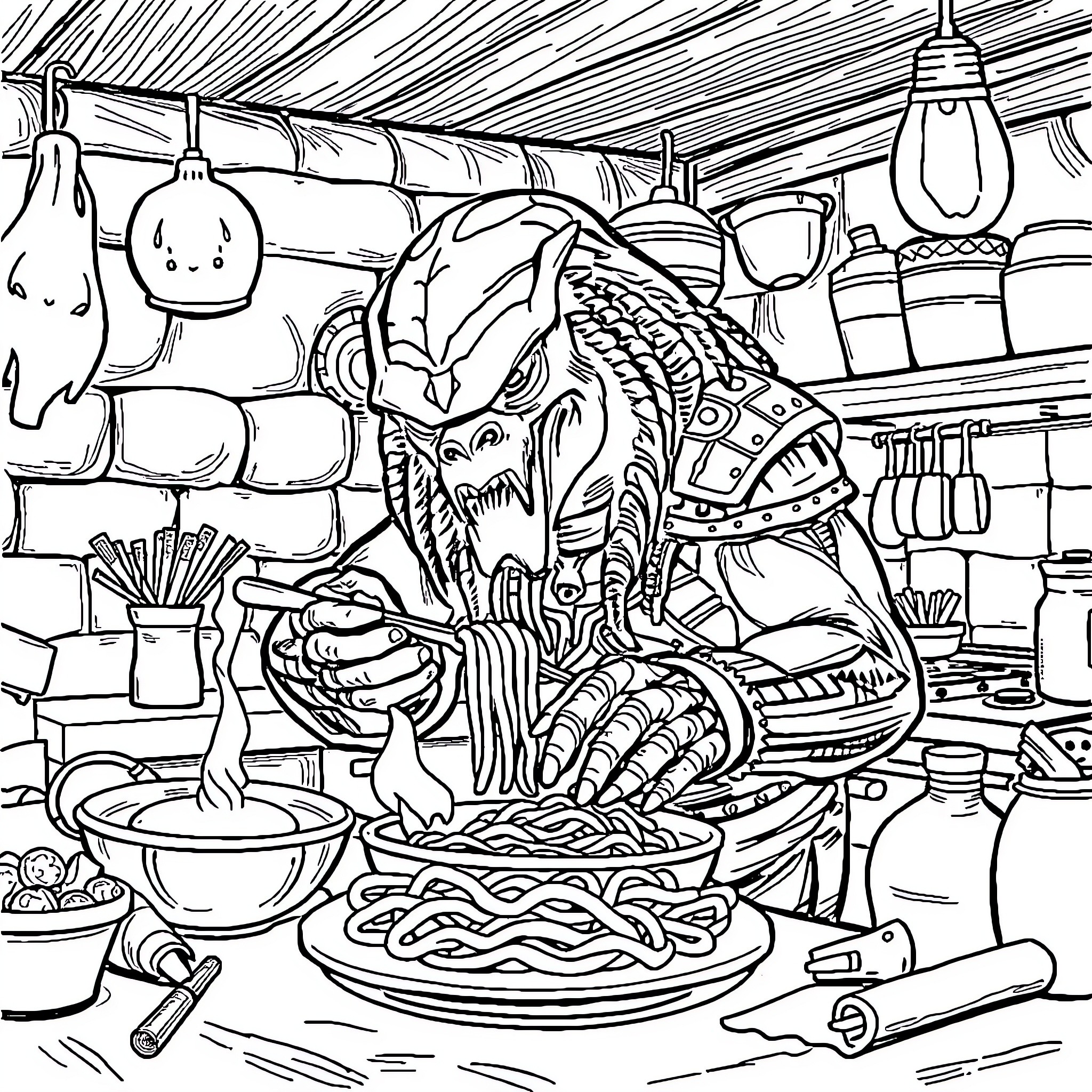 Predator feasting on a meal in a cluttered kitchen Coloring Page (free black-and-white line drawing printable PDF for all, from beginners to advanced learners, including children, teens, adults, and seniors)