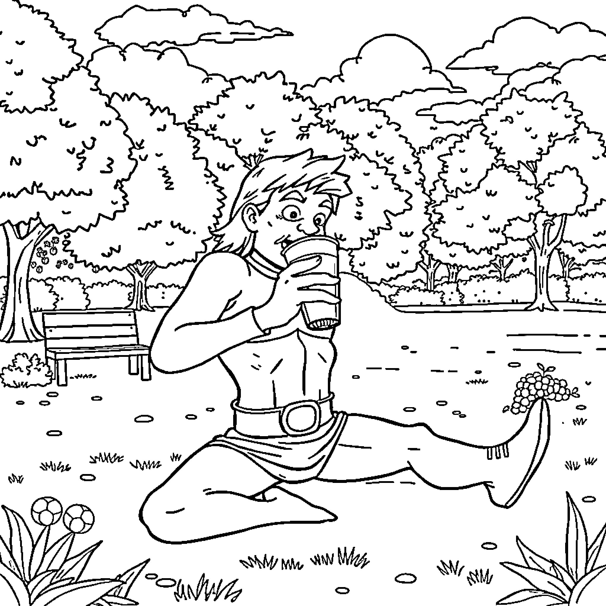 He-Man enjoying a peaceful day in the forest Coloring Page (free black-and-white line drawing printable PDF for all, from beginners to advanced learners, including children, teens, adults, and seniors)