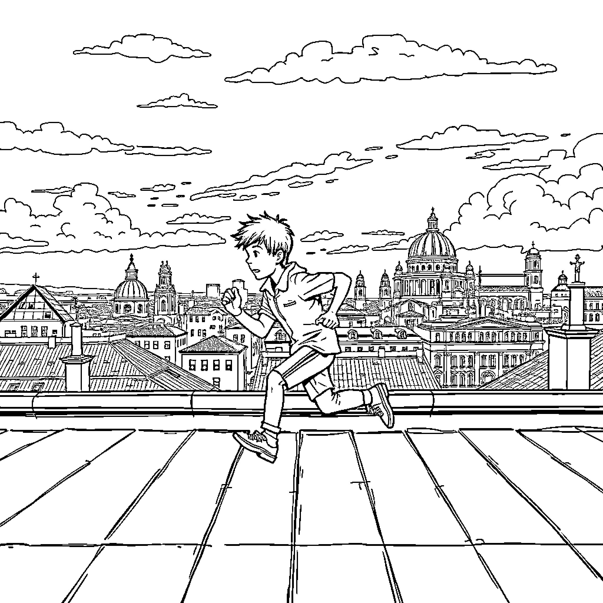 Boy Running Across City Rooftops Coloring Page (free black-and-white line drawing printable PDF for all, from beginners to advanced learners, including children, teens, adults, and seniors)