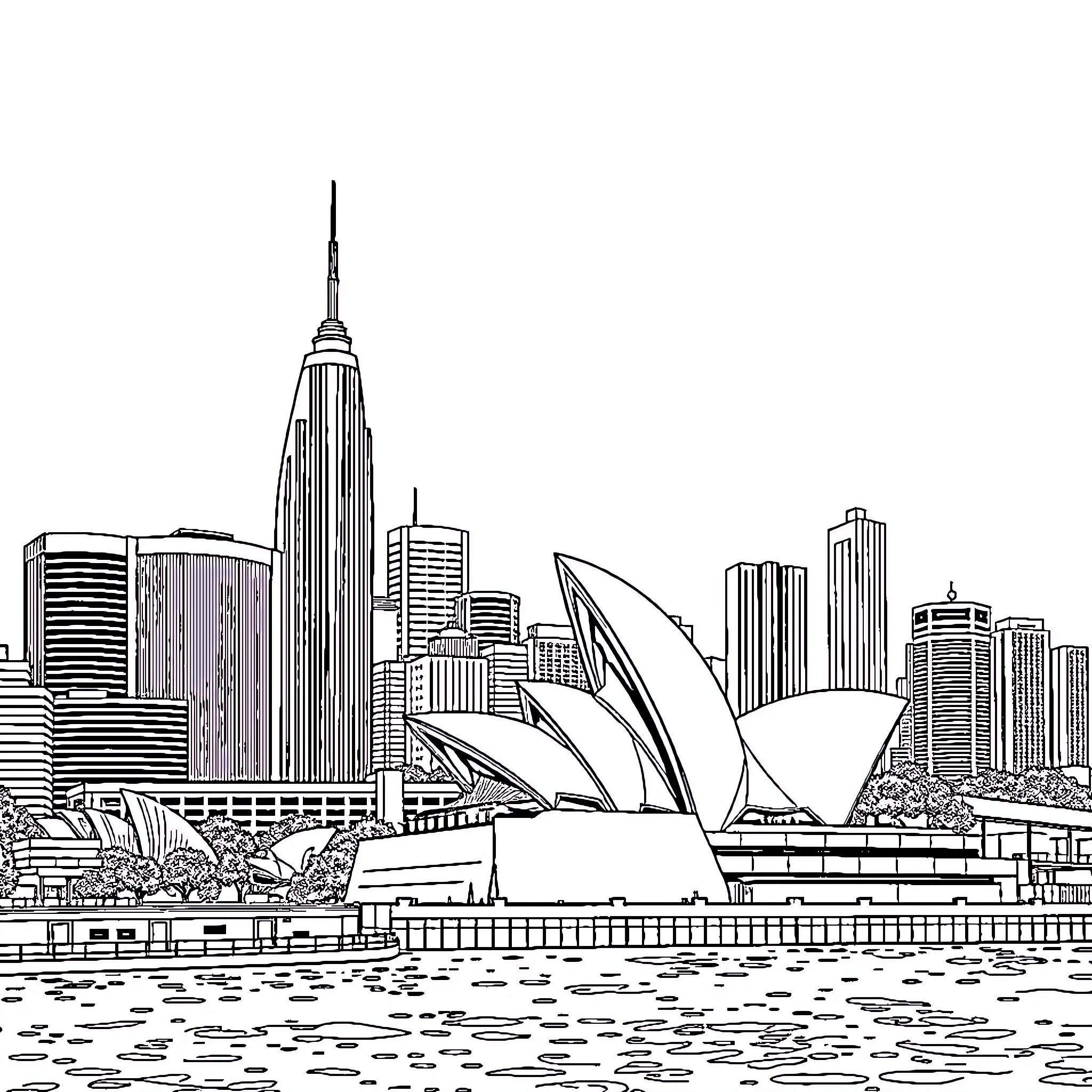 Sydney's Iconic Skyline and Opera House Coloring Page (free black-and-white line drawing printable PDF for all, from beginners to advanced learners, including children, teens, adults, and seniors)