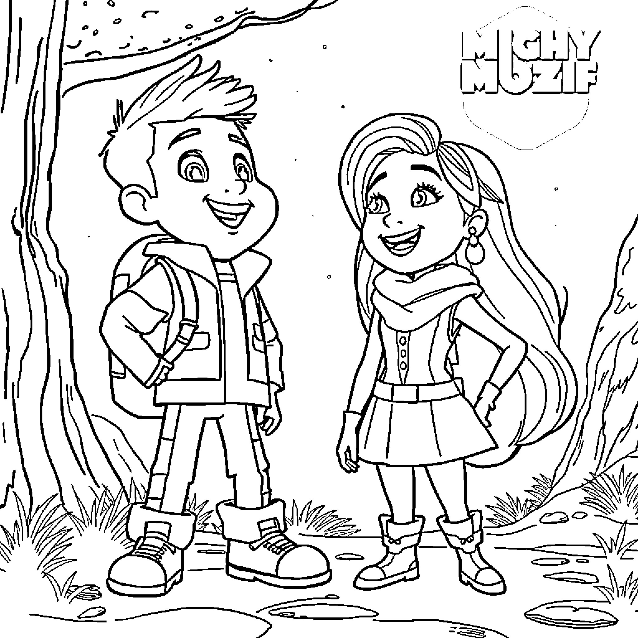 Chase through the forest with young adventurers Coloring Page (free black-and-white line drawing printable PDF for all, from beginners to advanced learners, including children, teens, adults, and seniors)