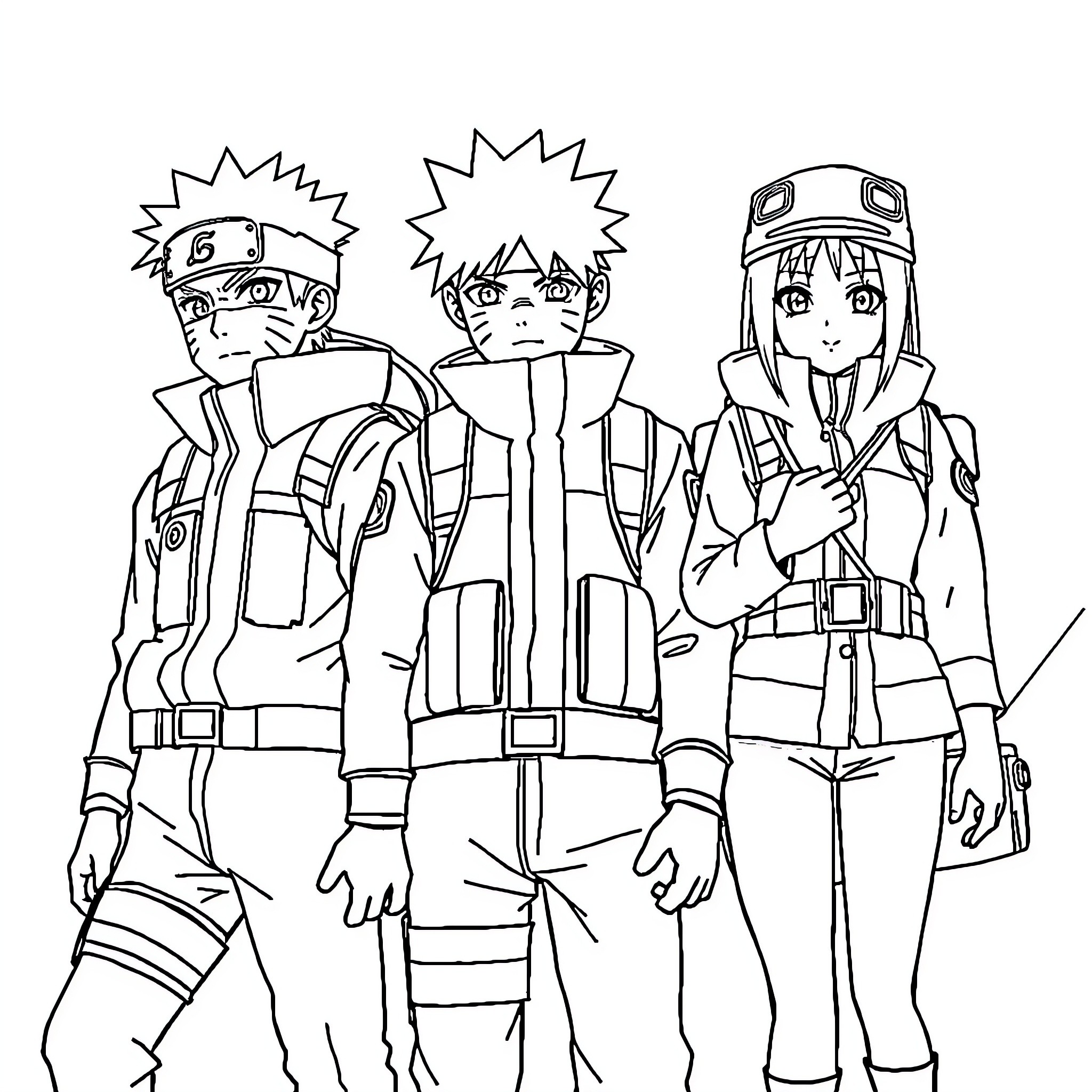Naruto and friends in ninja attire Coloring Page (free black-and-white line drawing printable PDF for all, from beginners to advanced learners, including children, teens, adults, and seniors)