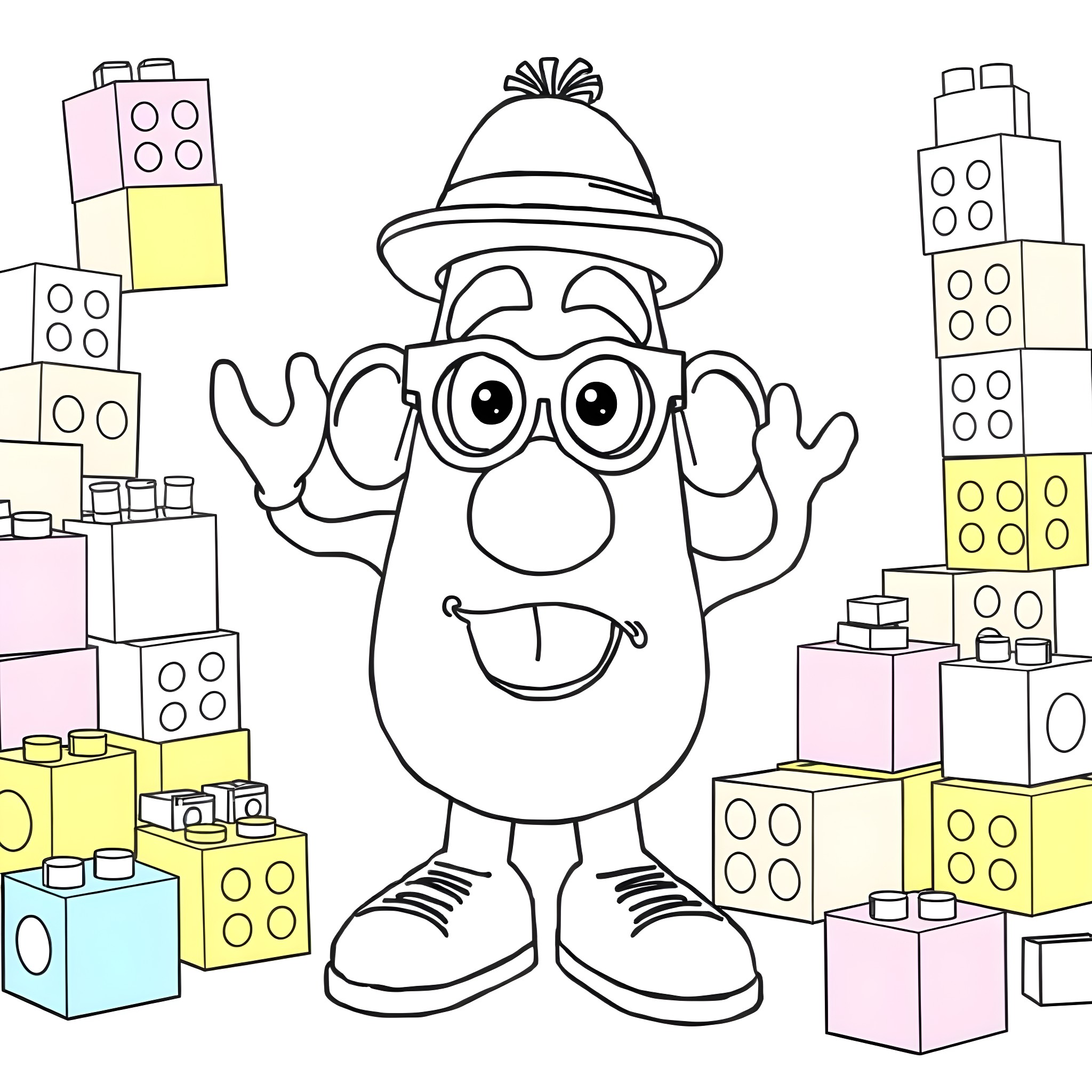 Mr. Potato Head Smiling Happily in the City Coloring Page (free black-and-white line drawing printable PDF for all, from beginners to advanced learners, including children, teens, adults, and seniors)