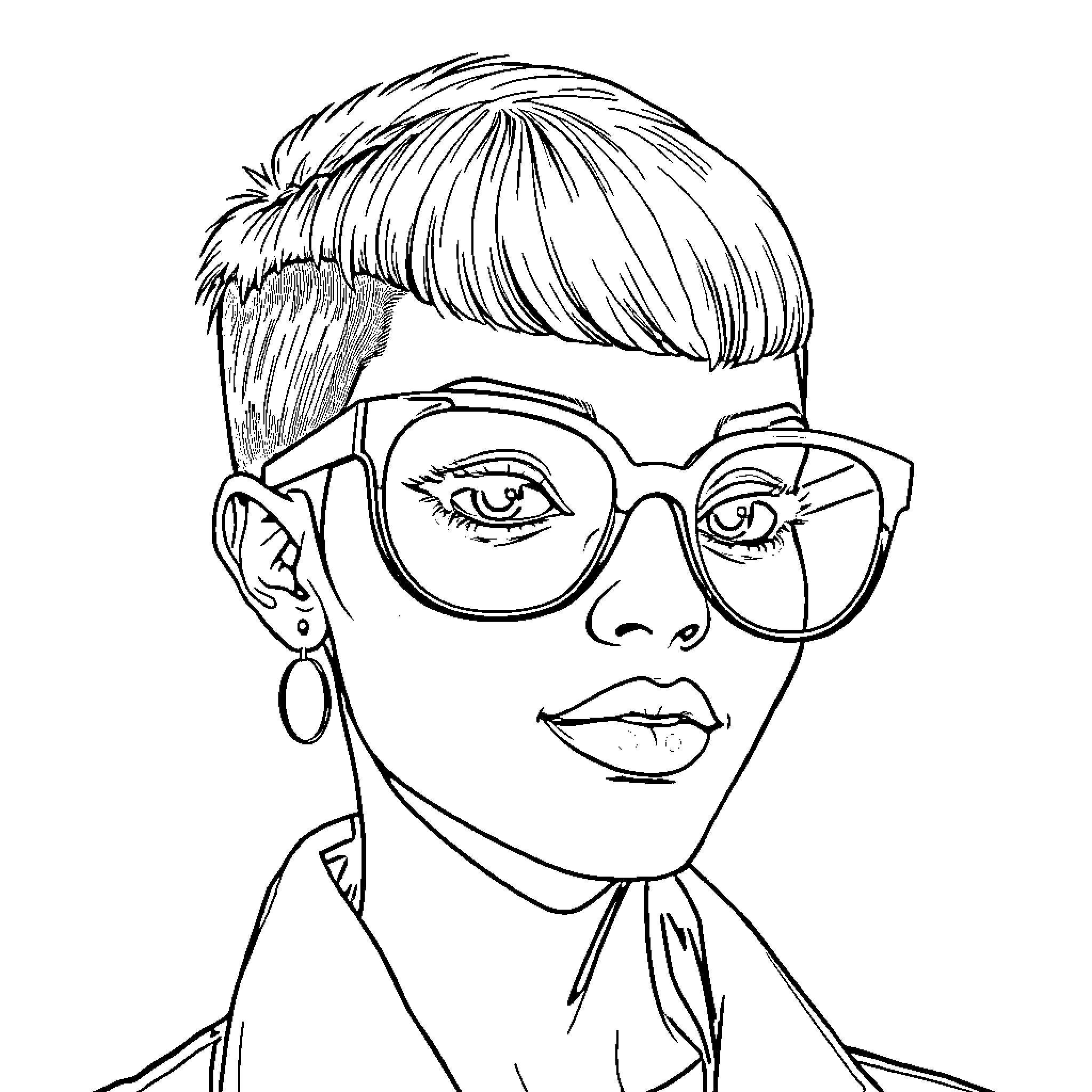 Woman wearing glasses with serious expression Coloring Page (free black-and-white line drawing printable PDF for all, from beginners to advanced learners, including children, teens, adults, and seniors)