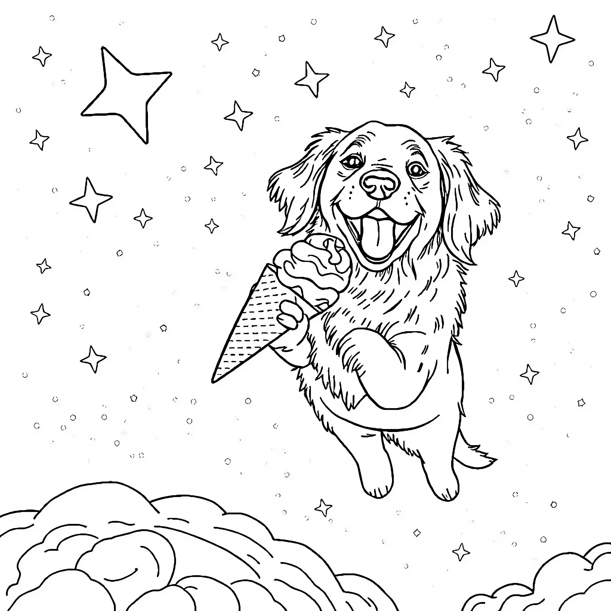 Golden Retriever Enjoying an Ice Cream Cone Under the Stars Coloring Page (free black-and-white line drawing printable PDF for all, from beginners to advanced learners, including children, teens, adults, and seniors)