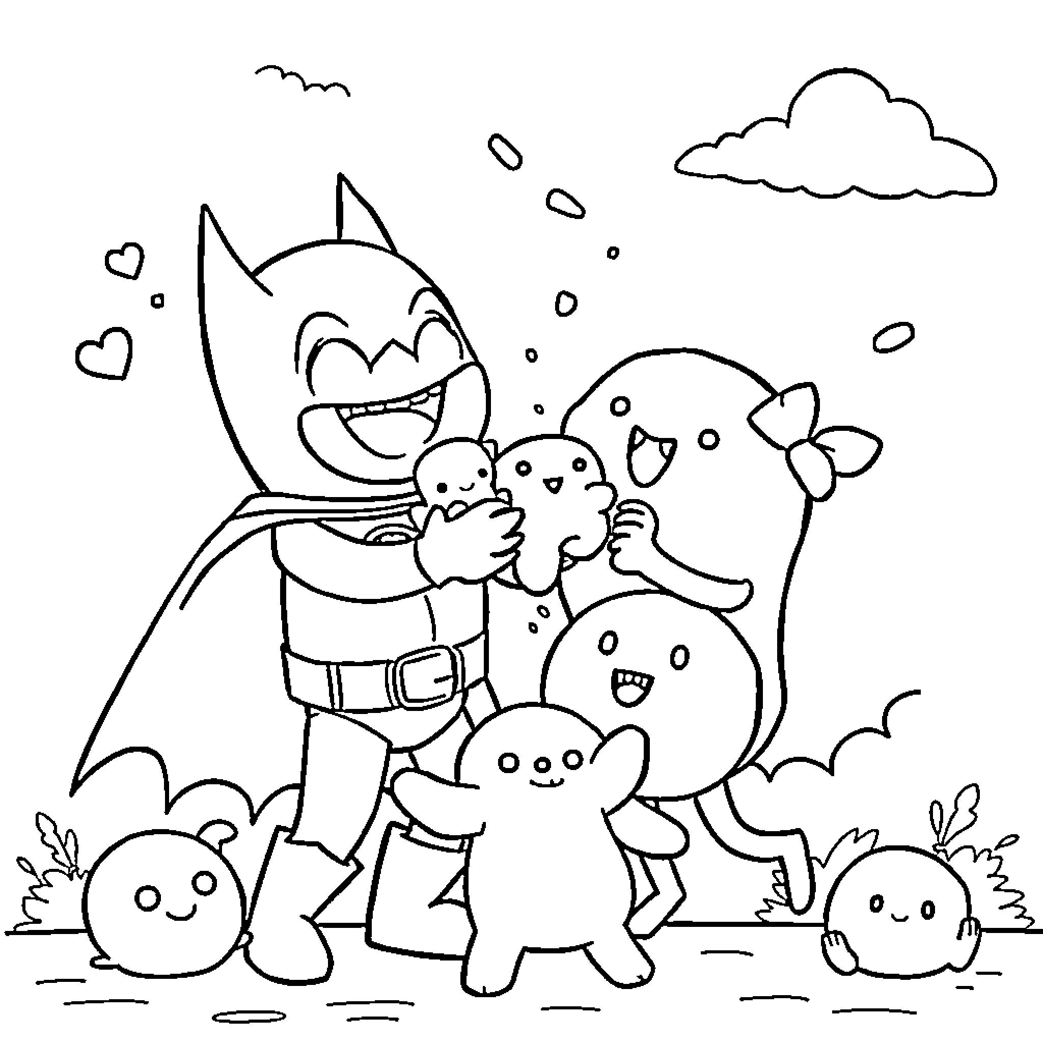 Cocomelon friends play together happily outdoors Coloring Page (free black-and-white line drawing printable PDF for all, from beginners to advanced learners, including children, teens, adults, and seniors)