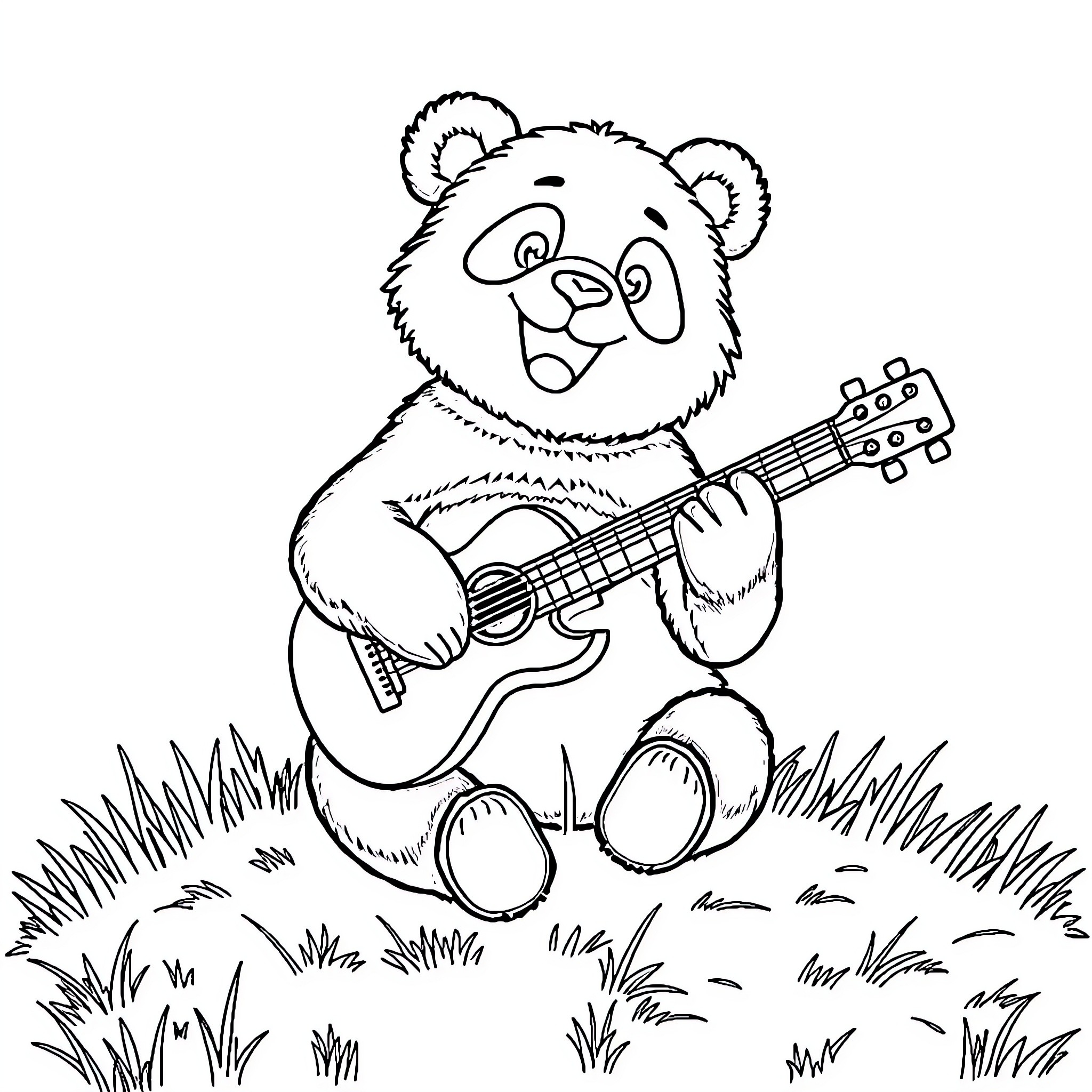 Panda playing guitar in the meadow Coloring Page (free black-and-white line drawing printable PDF for all, from beginners to advanced learners, including children, teens, adults, and seniors)