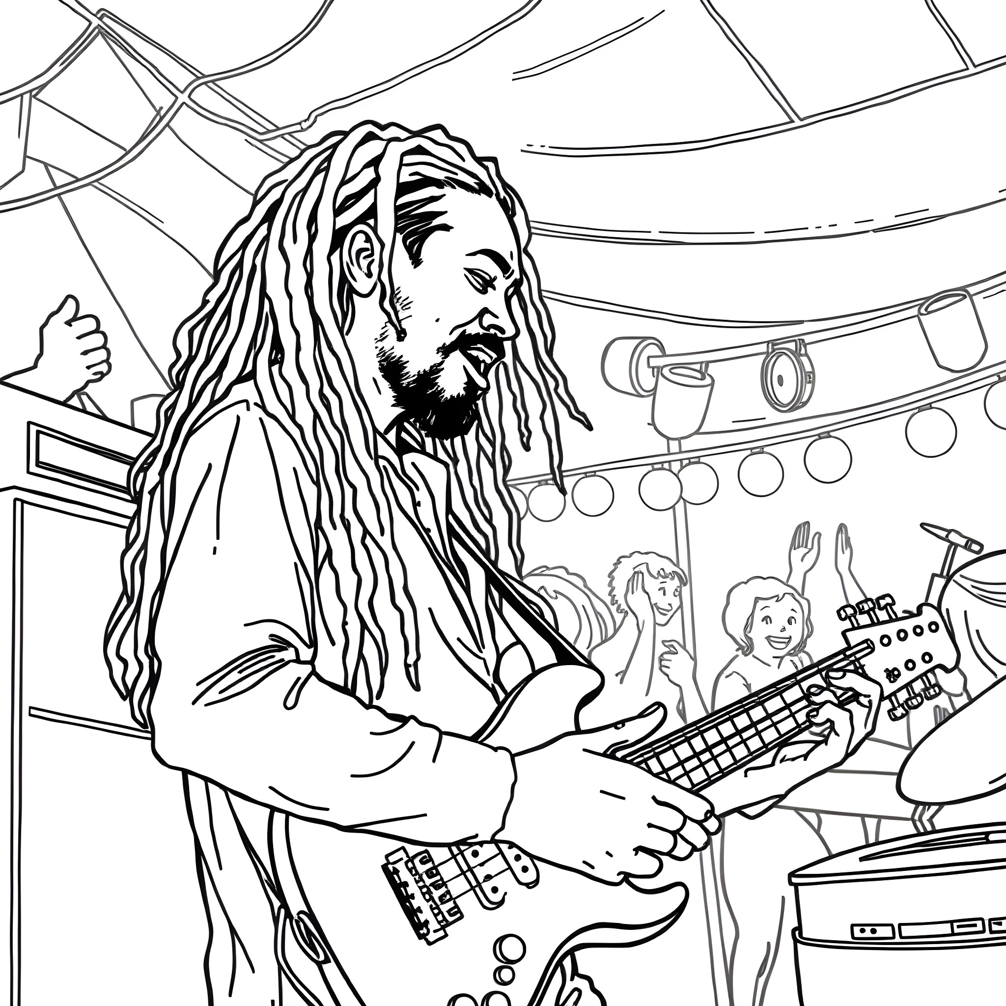 DJ with long dreadlocks playing electric guitar on stage Coloring Page (free black-and-white line drawing printable PDF for all, from beginners to advanced learners, including children, teens, adults, and seniors)