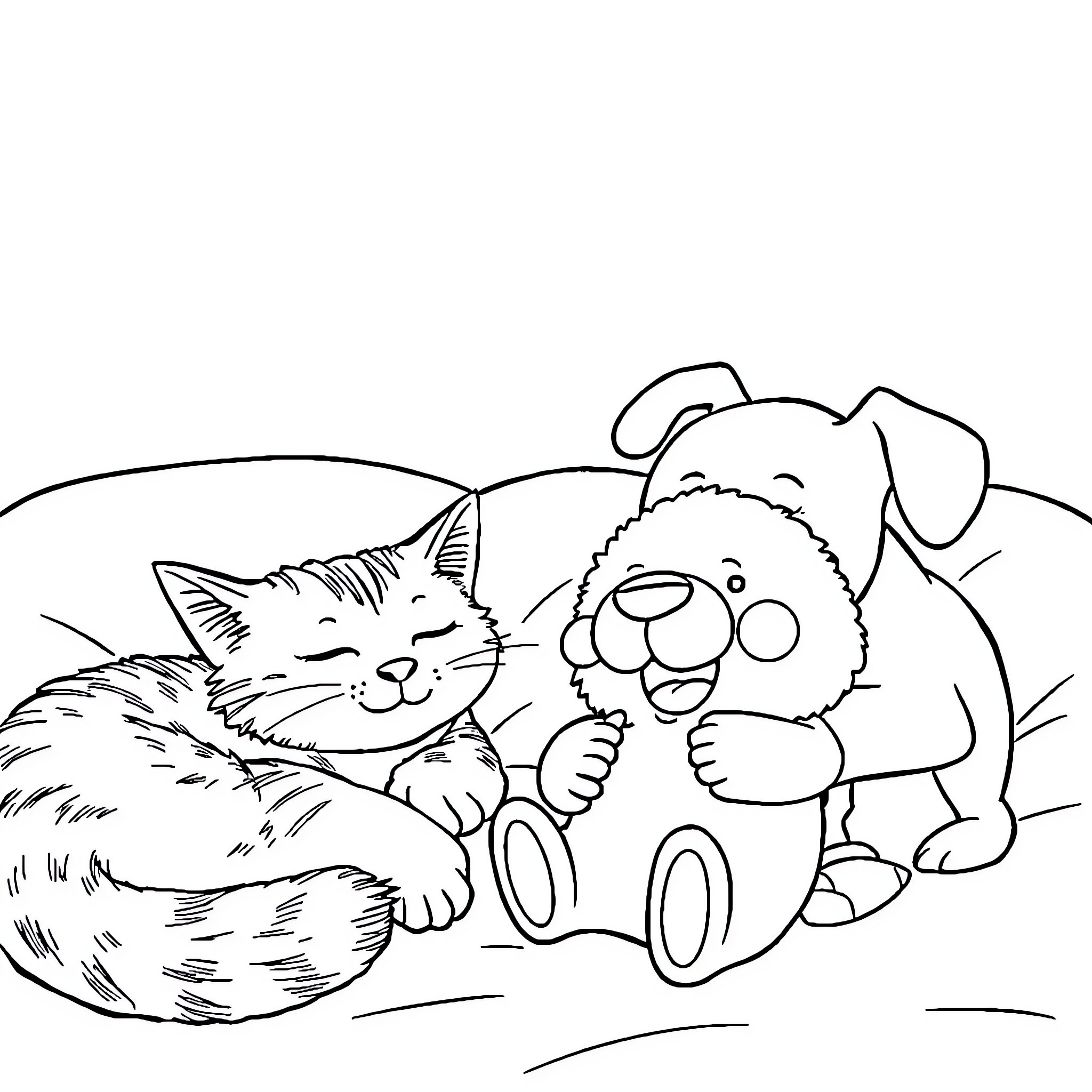 Catnap with Playful Pup Coloring Page (free black-and-white line drawing printable PDF for all, from beginners to advanced learners, including children, teens, adults, and seniors)