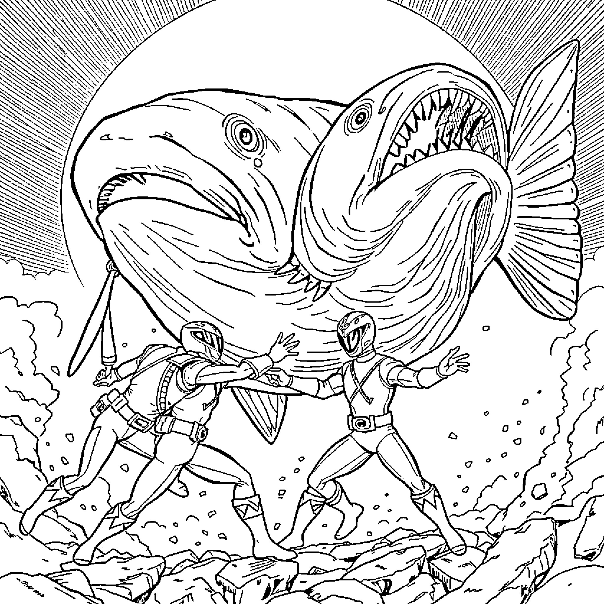 Power Ranger Heroes Confront Monstrous Sea Creature Coloring Page (free black-and-white line drawing printable PDF for all, from beginners to advanced learners, including children, teens, adults, and seniors)