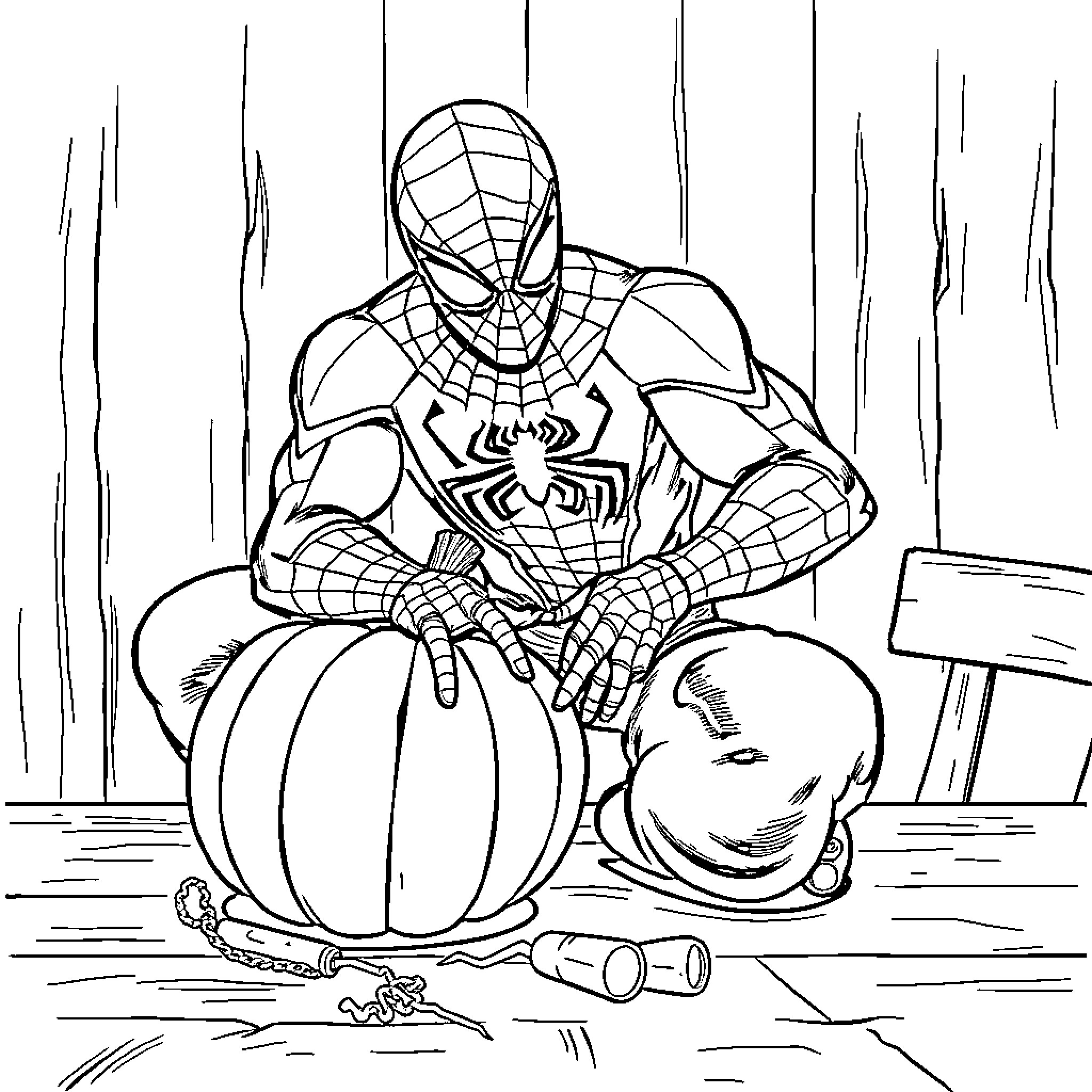 Spider-Man in action posing with pumpkin Coloring Page (free black-and-white line drawing printable PDF for all, from beginners to advanced learners, including children, teens, adults, and seniors)