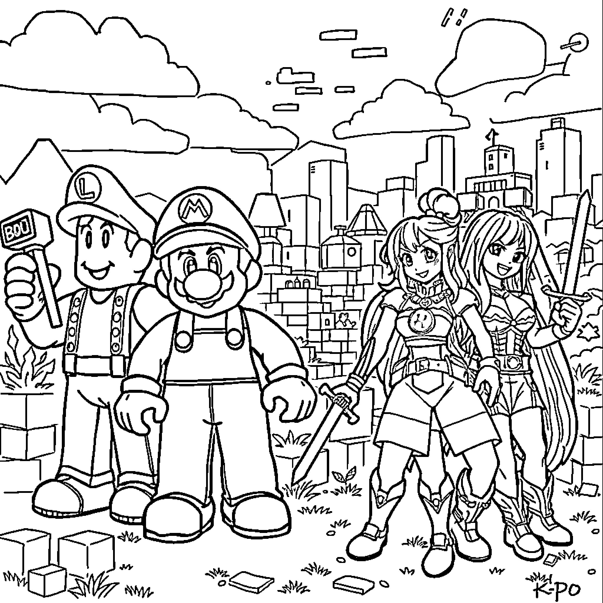 Video Game Characters in an Urban Environment Coloring Page (free black-and-white line drawing printable PDF for all, from beginners to advanced learners, including children, teens, adults, and seniors)