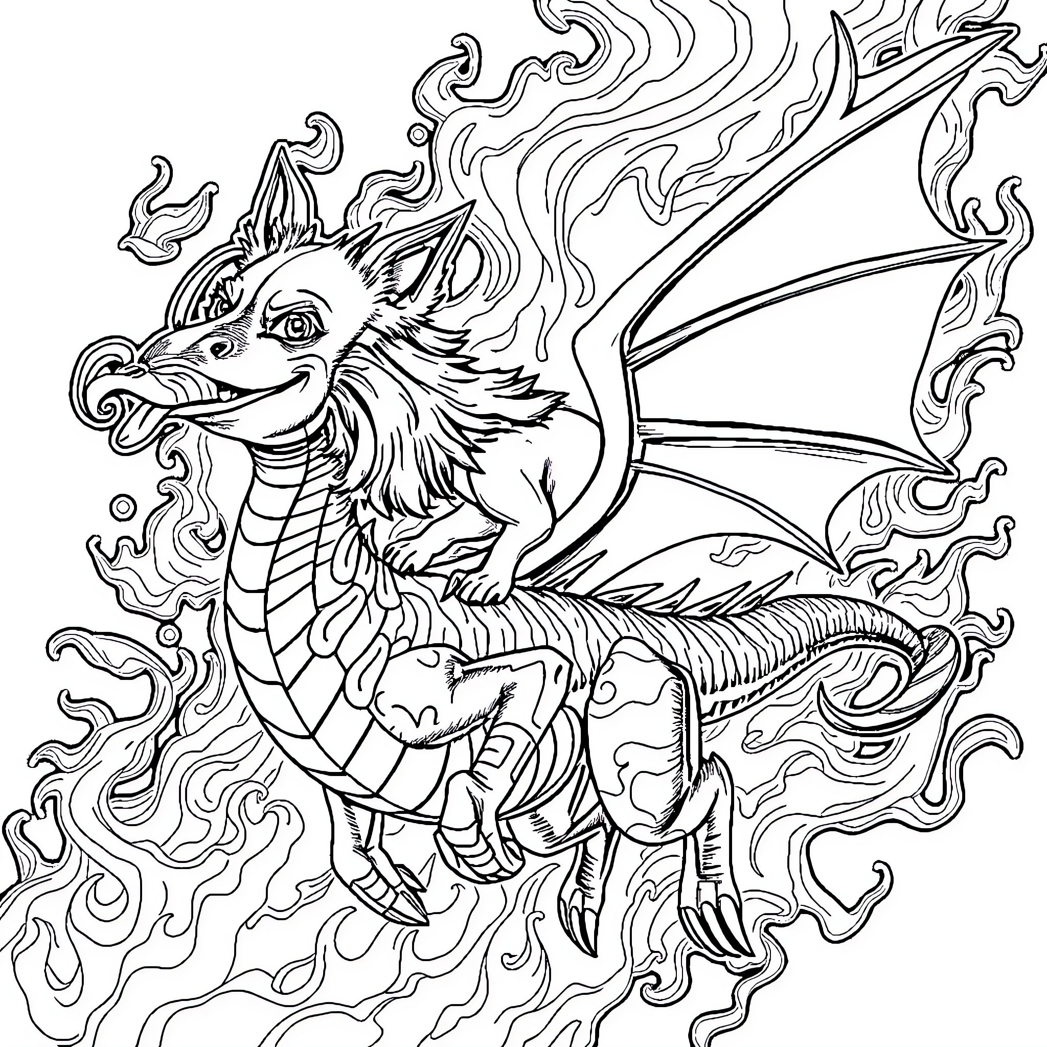 Chihuahua dragon soaring through a fantasy realm Coloring Page (free black-and-white line drawing printable PDF for all, from beginners to advanced learners, including children, teens, adults, and seniors)
