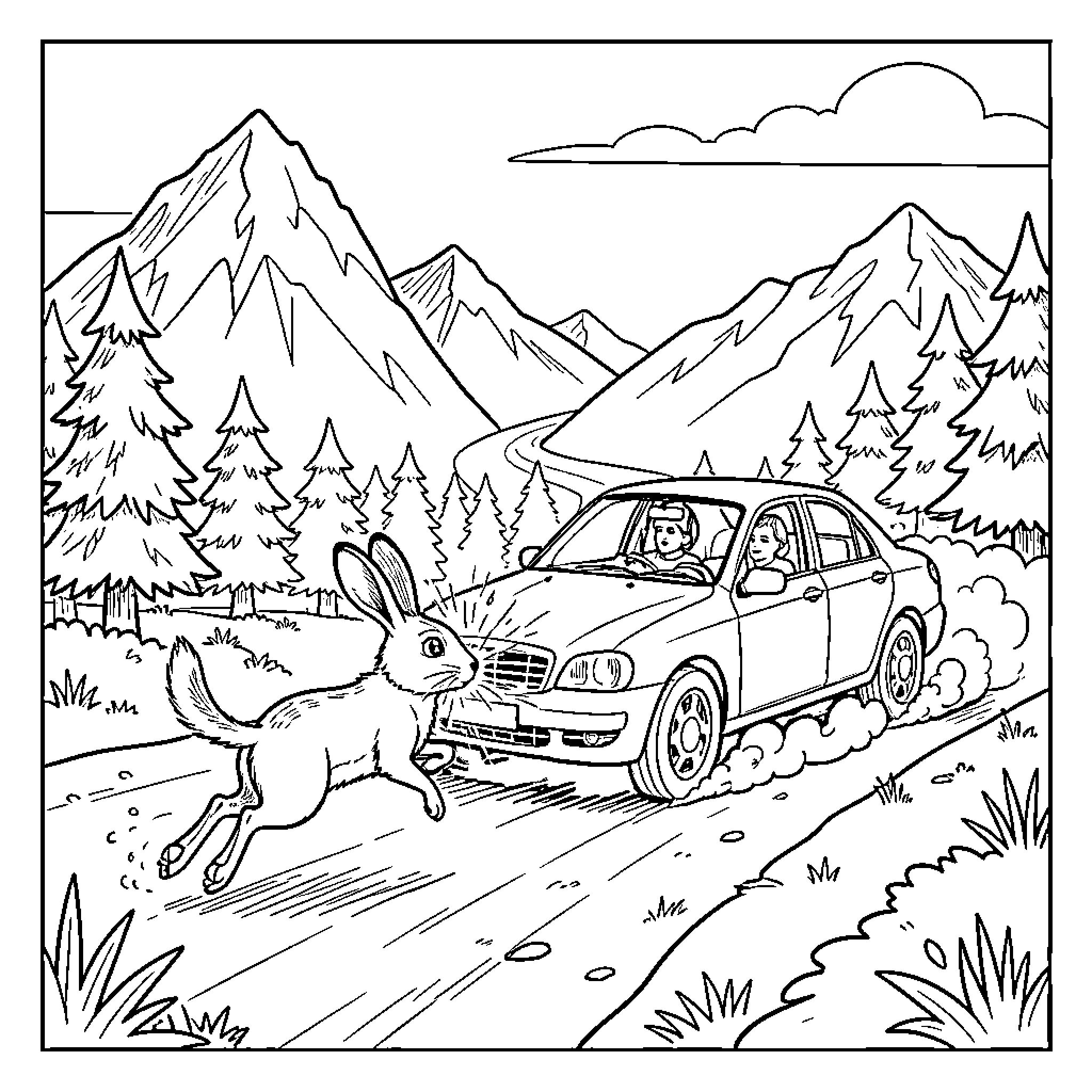Tavşan crossing the mountain road Coloring Page (free black-and-white line drawing printable PDF for all, from beginners to advanced learners, including children, teens, adults, and seniors)