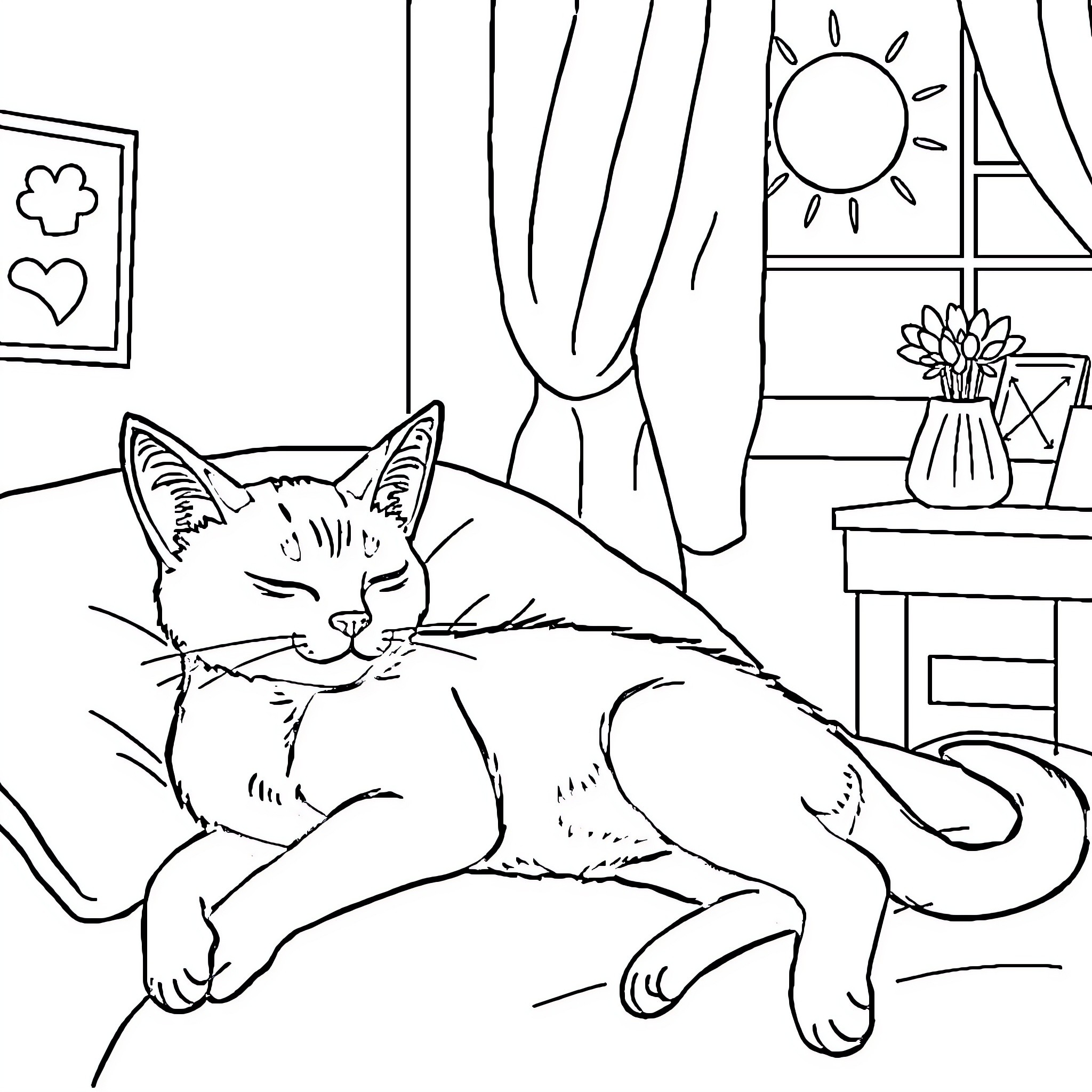 Cat resting peacefully in cozy indoor setting Coloring Page (free black-and-white line drawing printable PDF for all, from beginners to advanced learners, including children, teens, adults, and seniors)