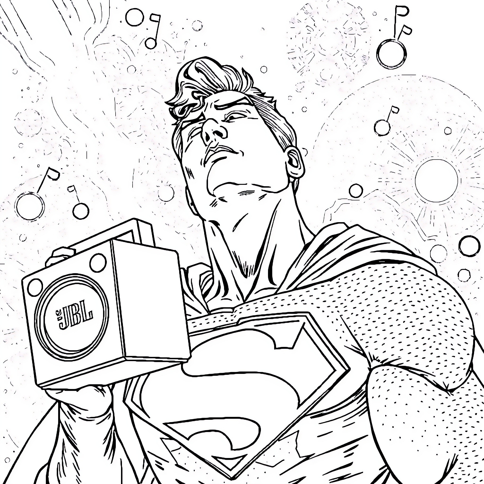 Superman Listening to Music with Determination Coloring Page (free black-and-white line drawing printable PDF for all, from beginners to advanced learners, including children, teens, adults, and seniors)