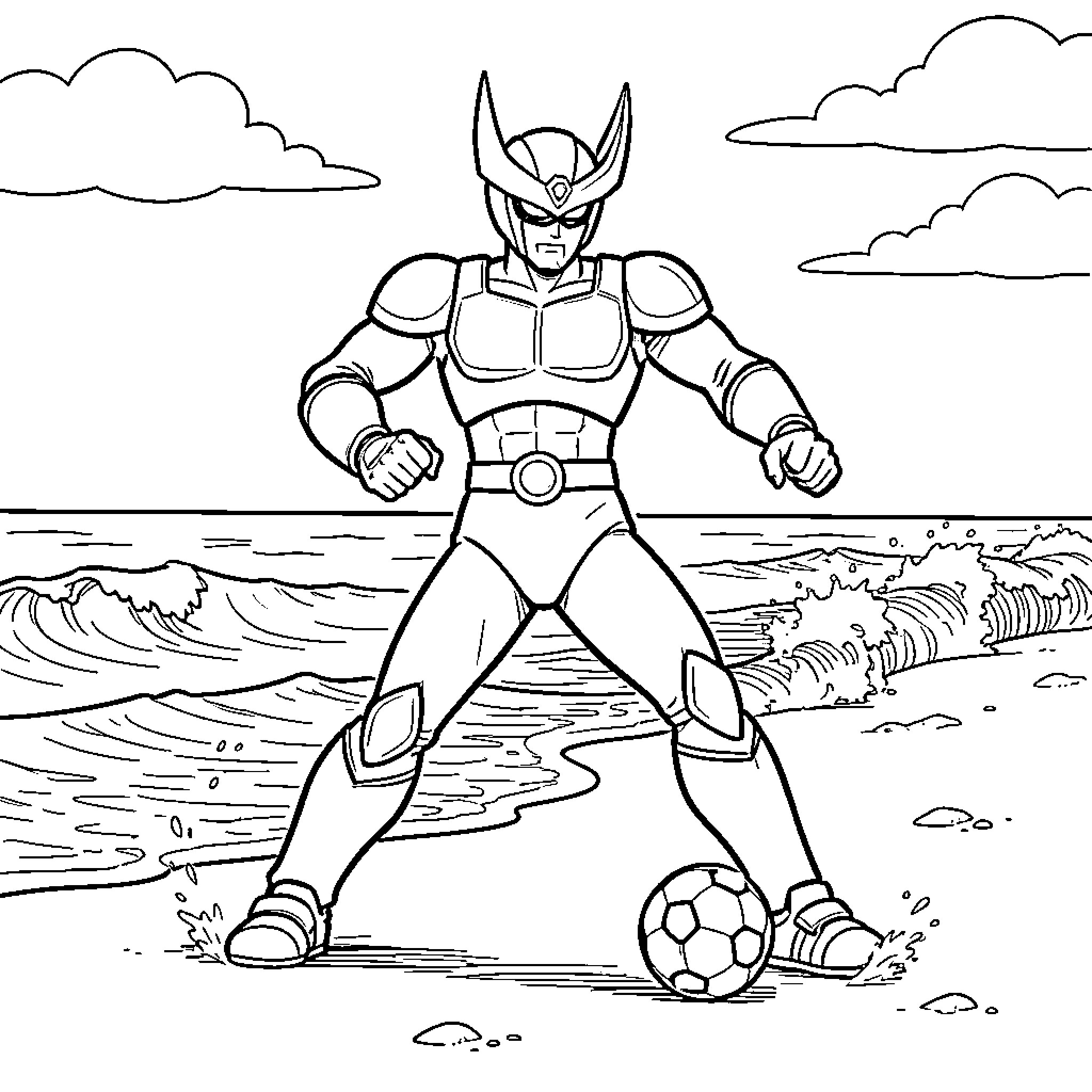 Grendizer standing heroically on a sandy beach Coloring Page (free black-and-white line drawing printable PDF for all, from beginners to advanced learners, including children, teens, adults, and seniors)