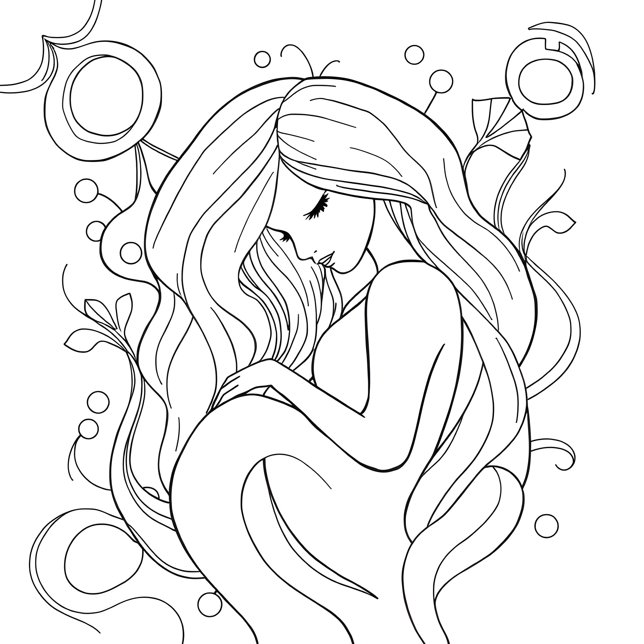 Breast of a woman in a serene underwater scene Coloring Page (free black-and-white line drawing printable PDF for all, from beginners to advanced learners, including children, teens, adults, and seniors)
