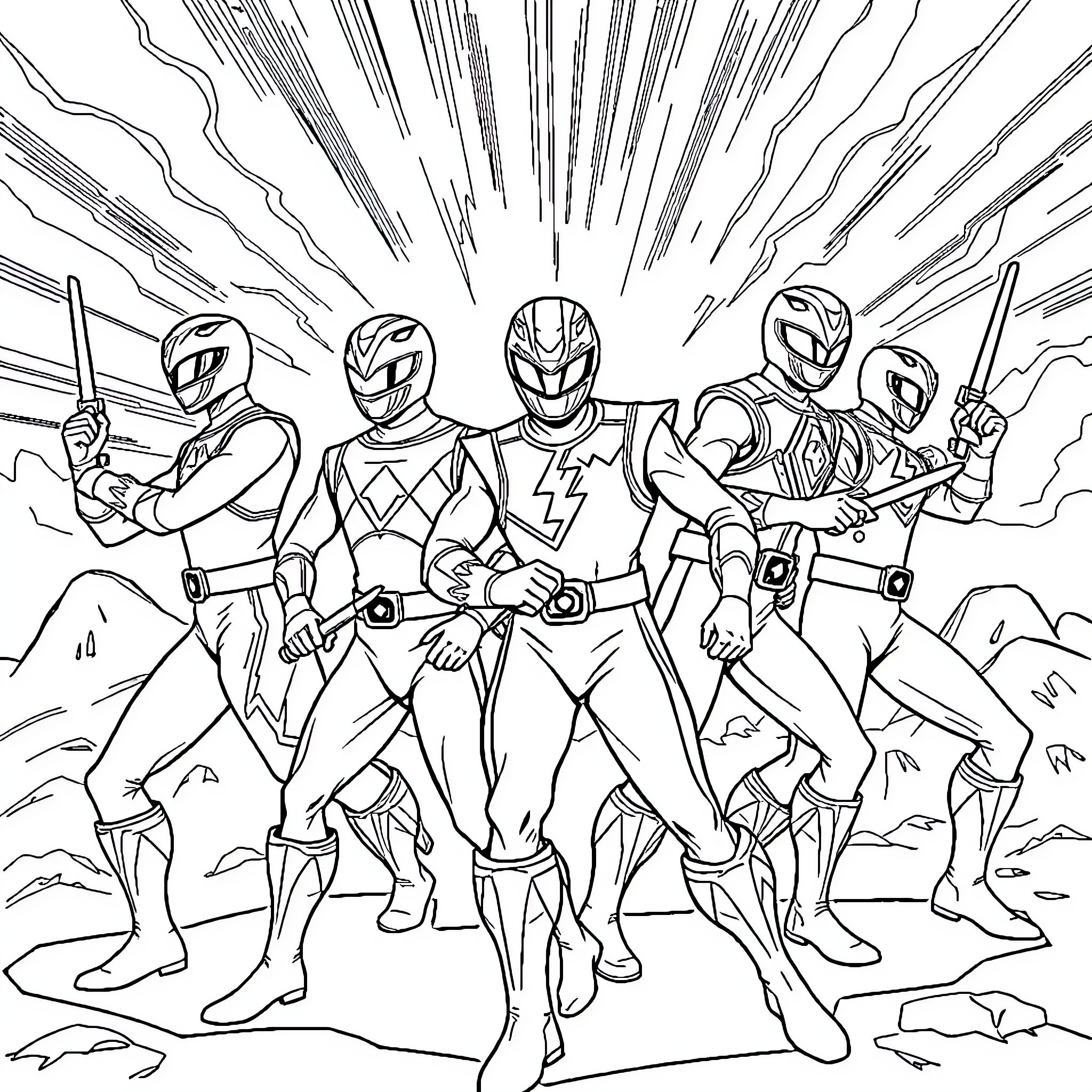 Power Rangers in Action: Heroic Poses and Intensity Coloring Page (free black-and-white line drawing printable PDF for all, from beginners to advanced learners, including children, teens, adults, and seniors)