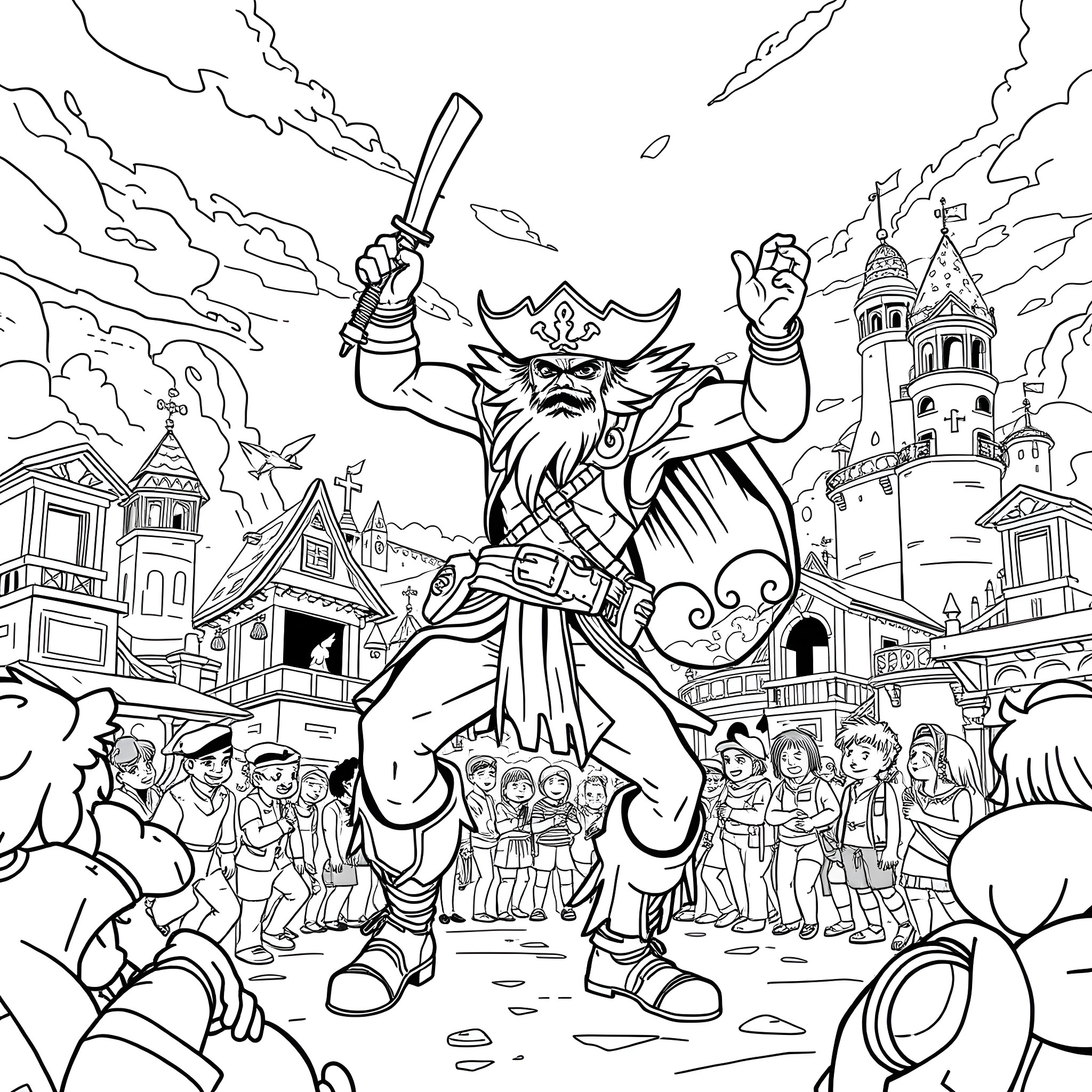 Renegade Raider Leading a Charge in the Town Coloring Page (free black-and-white line drawing printable PDF for all, from beginners to advanced learners, including children, teens, adults, and seniors)
