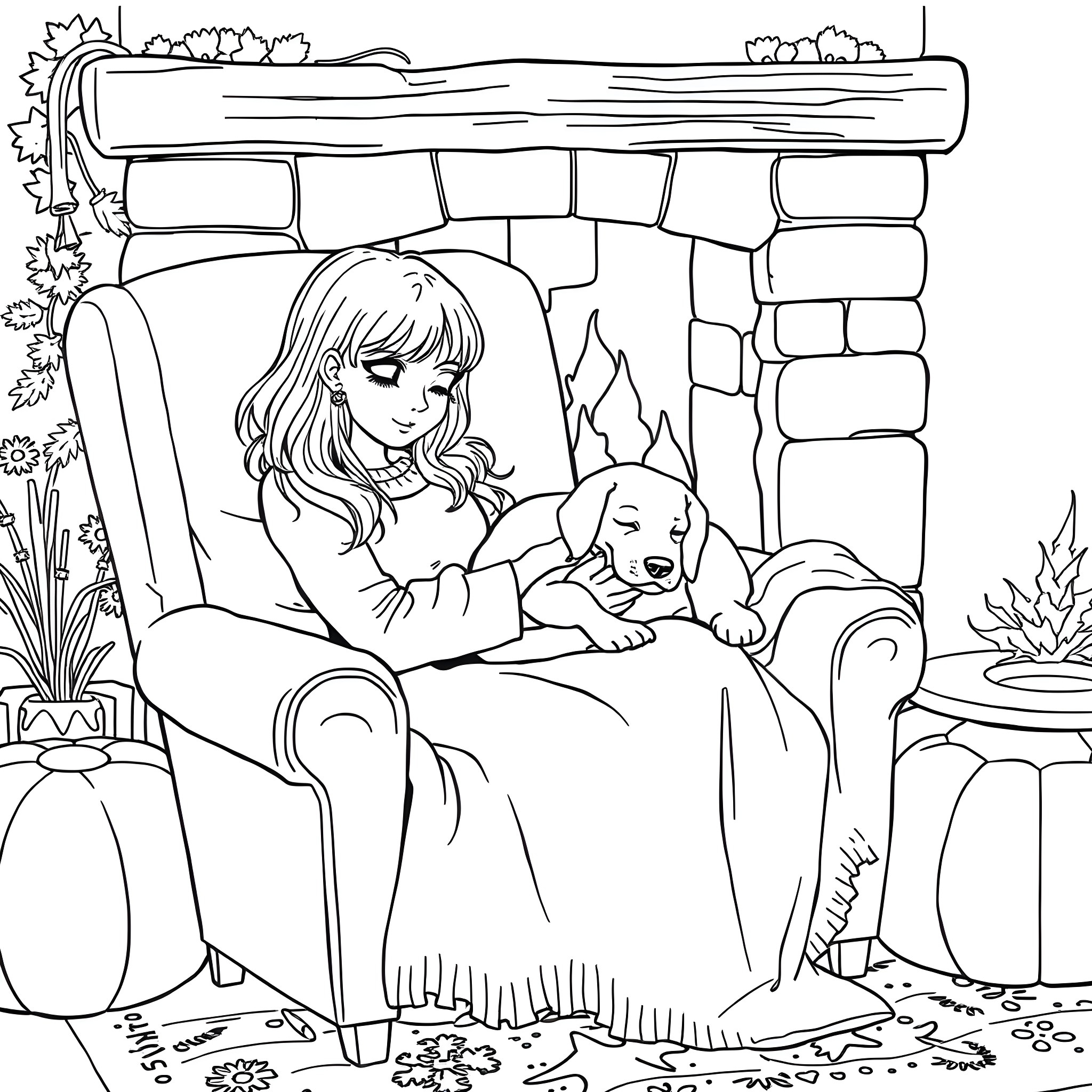 Dog and girl enjoying cozy time at home Coloring Page (free black-and-white line drawing printable PDF for all, from beginners to advanced learners, including children, teens, adults, and seniors)