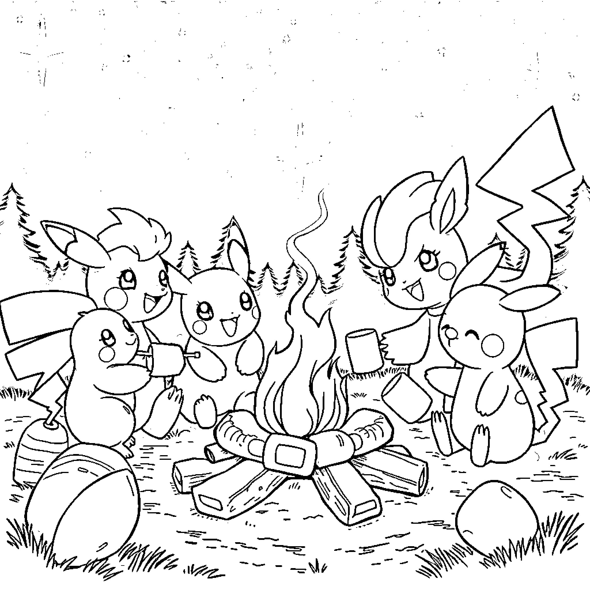 Pokémon characters enjoying a campfire Coloring Page (free black-and-white line drawing printable PDF for all, from beginners to advanced learners, including children, teens, adults, and seniors)