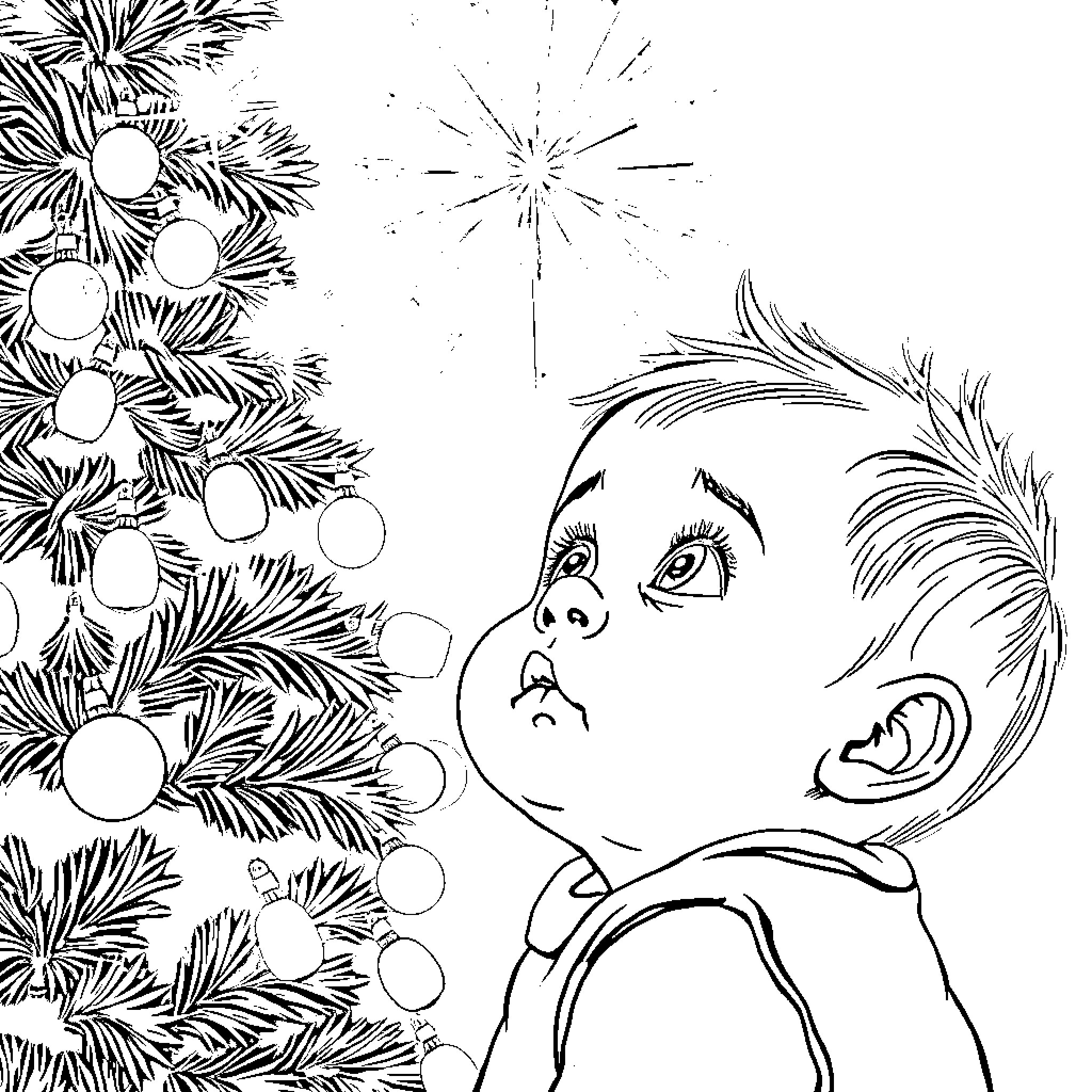 Baby gazing at sparkling Christmas tree Coloring Page (free black-and-white line drawing printable PDF for all, from beginners to advanced learners, including children, teens, adults, and seniors)