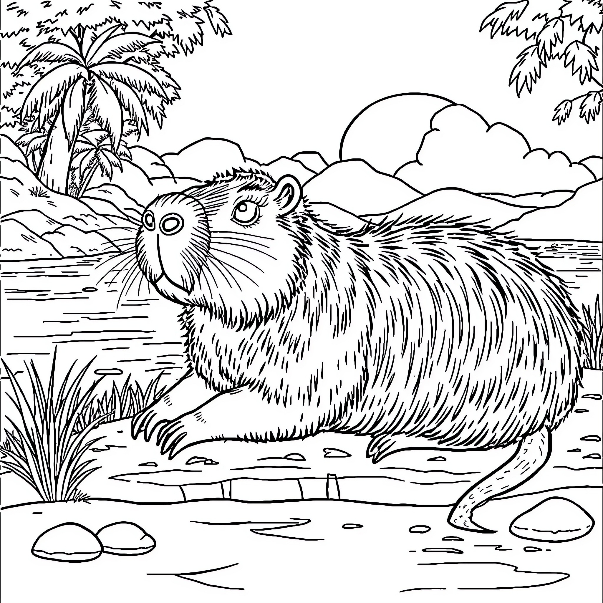 Capybara exploring tropical landscape Coloring Page (free black-and-white line drawing printable PDF for all, from beginners to advanced learners, including children, teens, adults, and seniors)