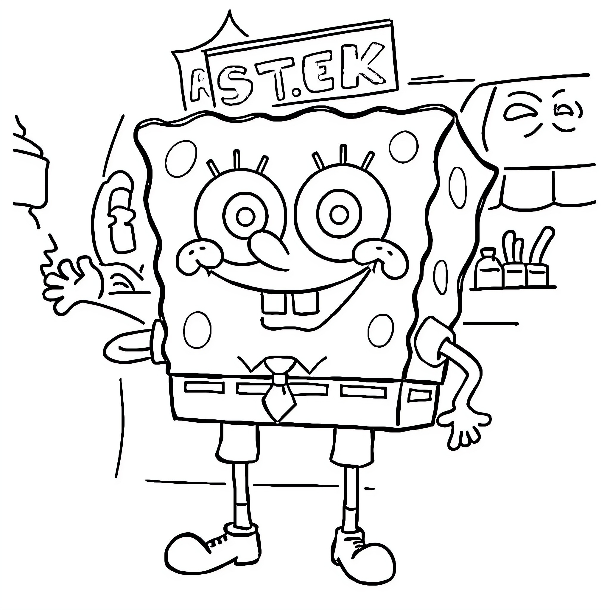 Spongebob in a cartoon-style scene Coloring Page (free black-and-white line drawing printable PDF for all, from beginners to advanced learners, including children, teens, adults, and seniors)