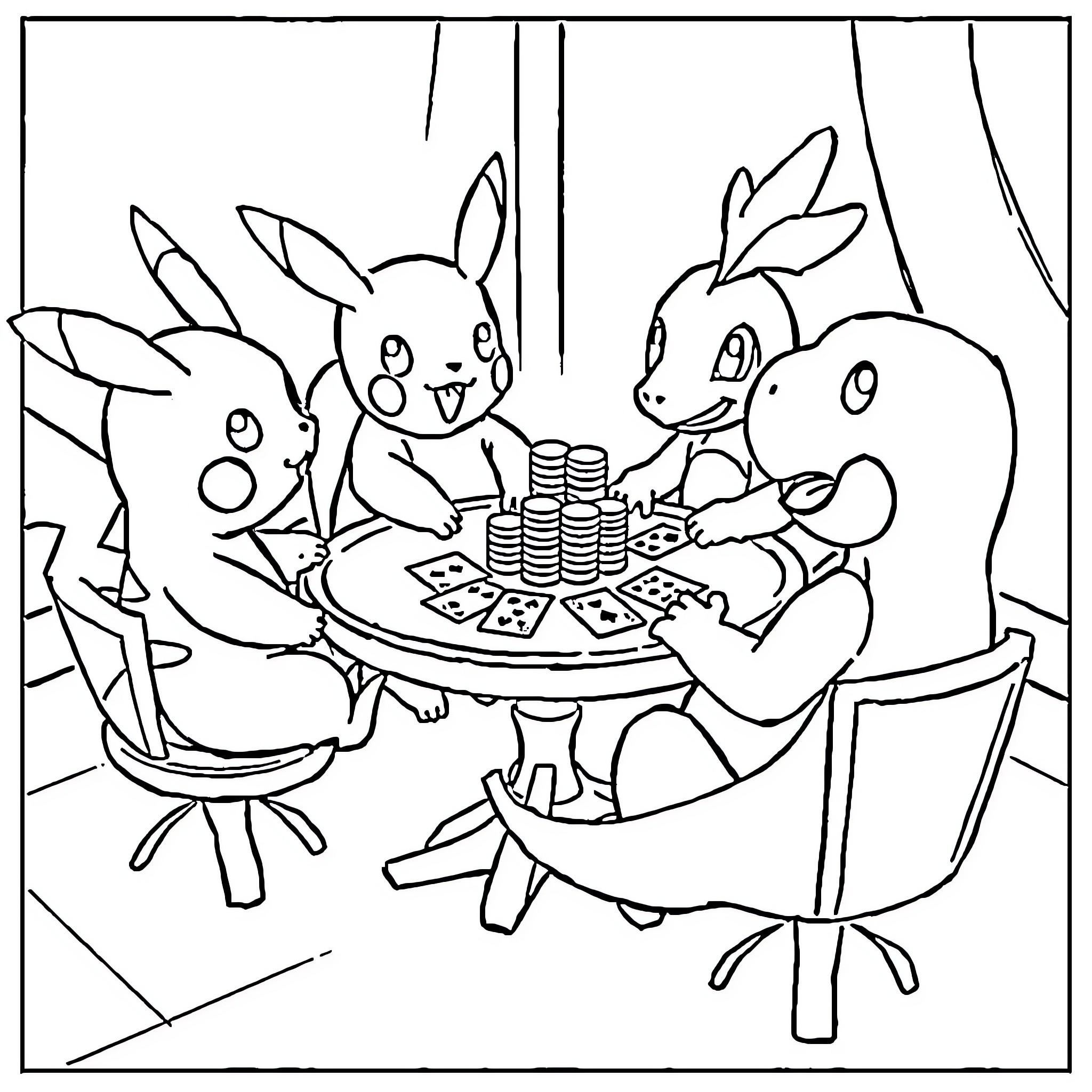 Pokémon friends playing cards together Coloring Page (free black-and-white line drawing printable PDF for all, from beginners to advanced learners, including children, teens, adults, and seniors)