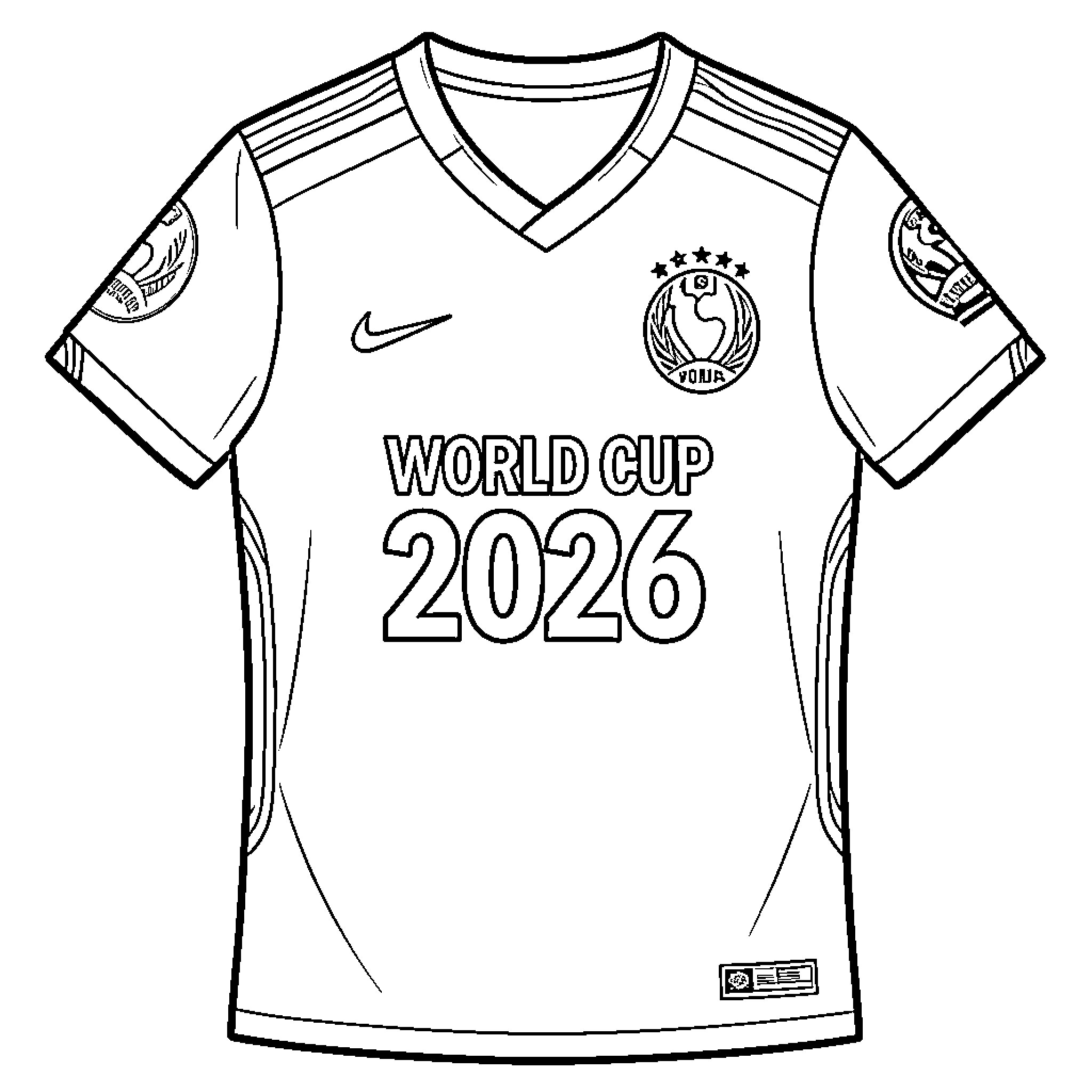 Jersey featuring World Cup 2026 logo and emblems Coloring Page (free black-and-white line drawing printable PDF for all, from beginners to advanced learners, including children, teens, adults, and seniors)