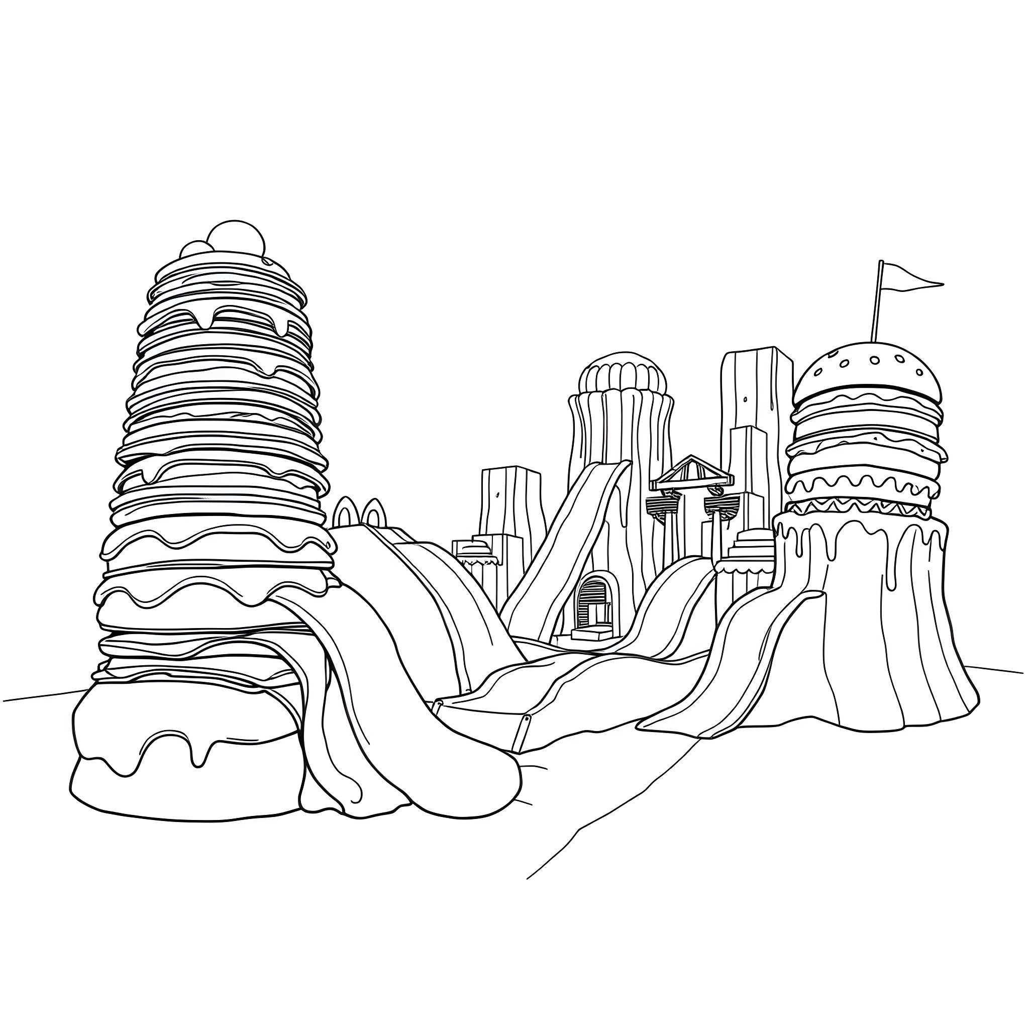 Food-themed architectural landscape with playful elements Coloring Page (free black-and-white line drawing printable PDF for all, from beginners to advanced learners, including children, teens, adults, and seniors)