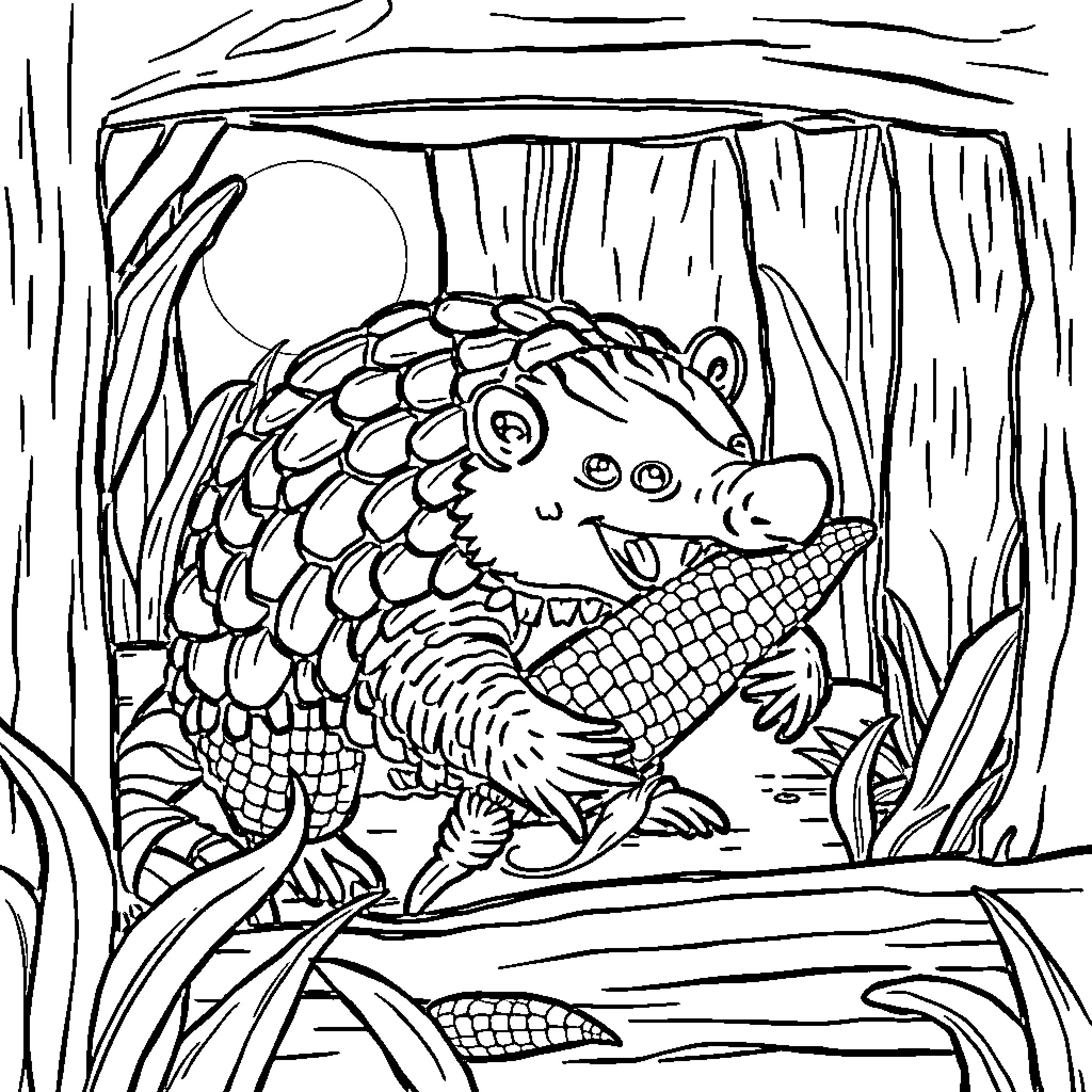 Armadillo exploring the forest landscape Coloring Page (free black-and-white line drawing printable PDF for all, from beginners to advanced learners, including children, teens, adults, and seniors)