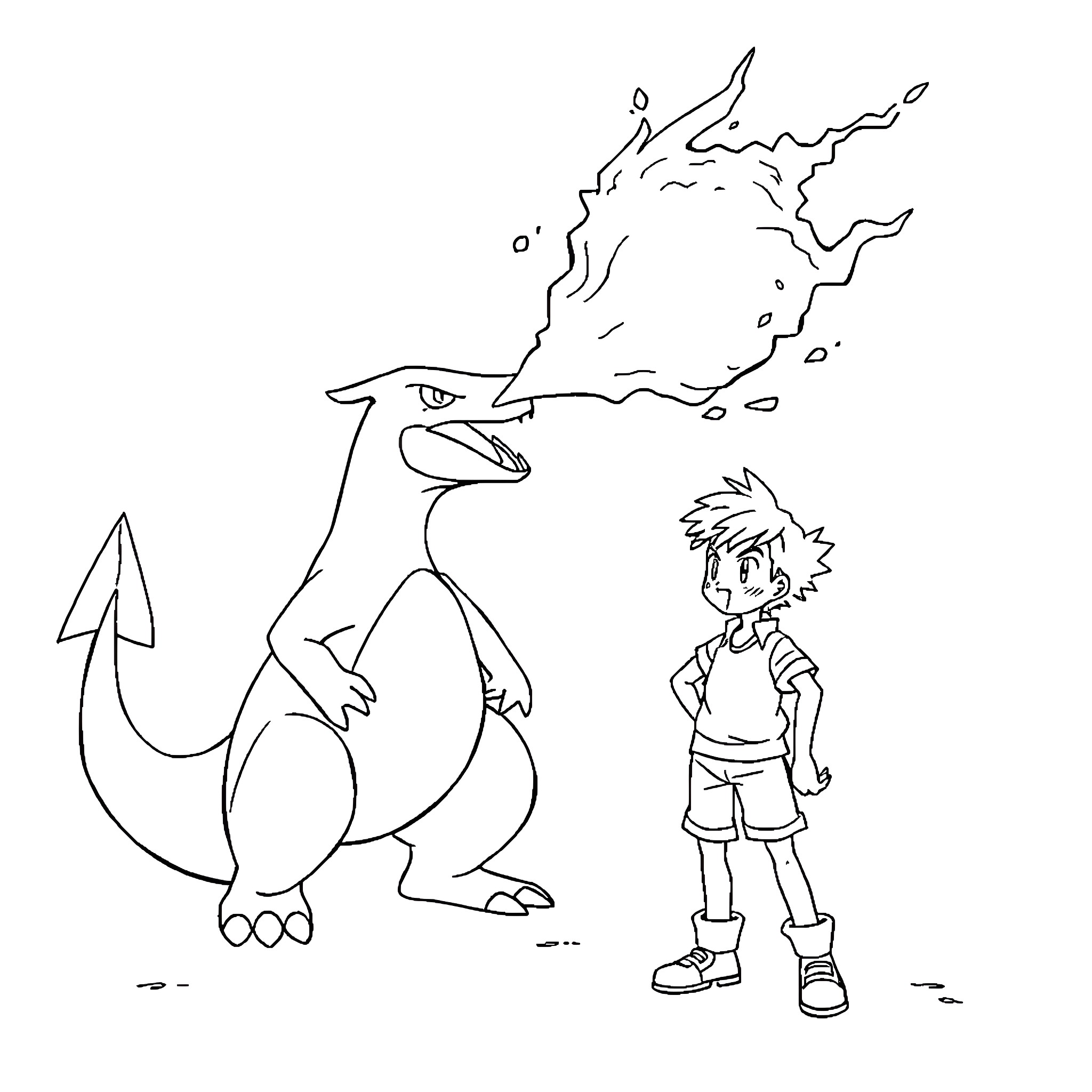 Charizard preparing to attack a young trainer Coloring Page (free black-and-white line drawing printable PDF for all, from beginners to advanced learners, including children, teens, adults, and seniors)