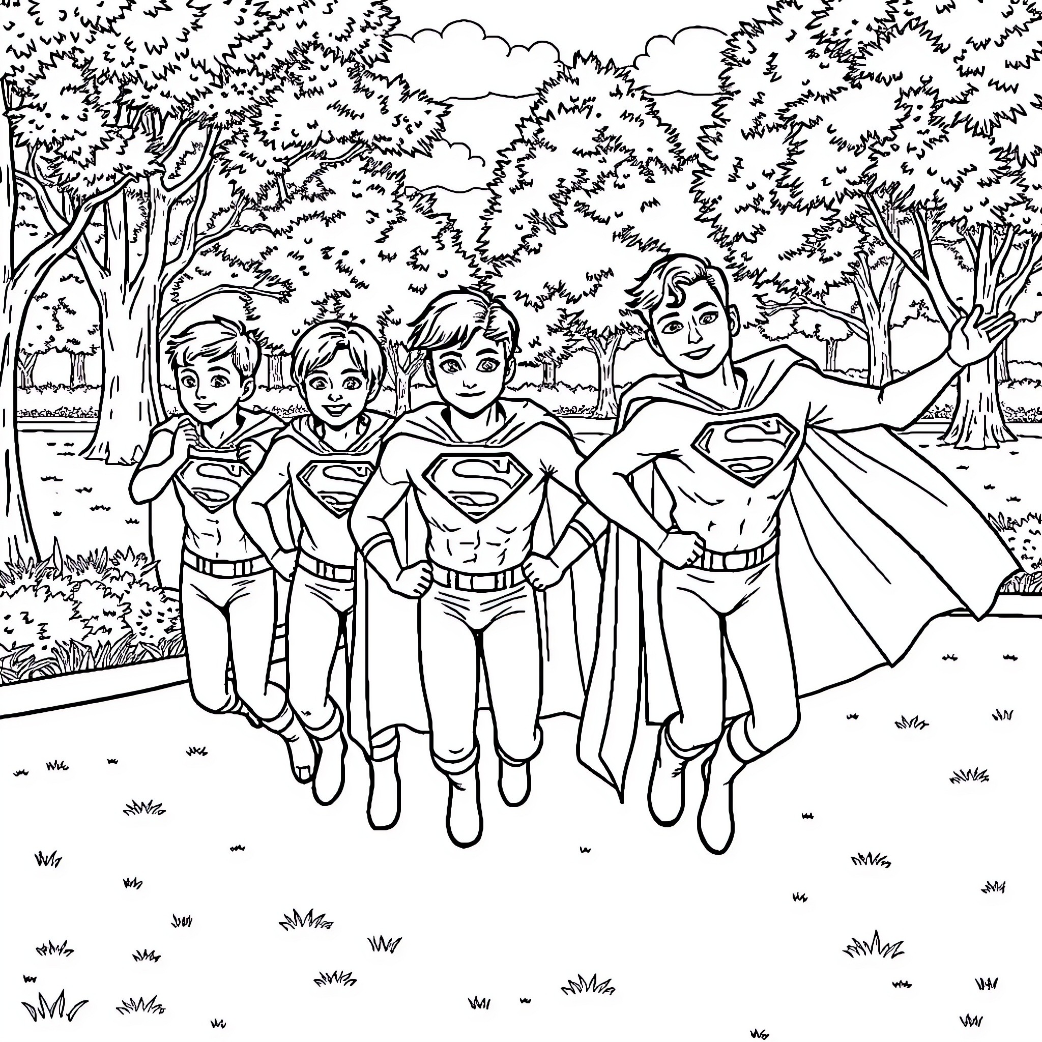 Superman and his heroic companions in action Coloring Page (free black-and-white line drawing printable PDF for all, from beginners to advanced learners, including children, teens, adults, and seniors)