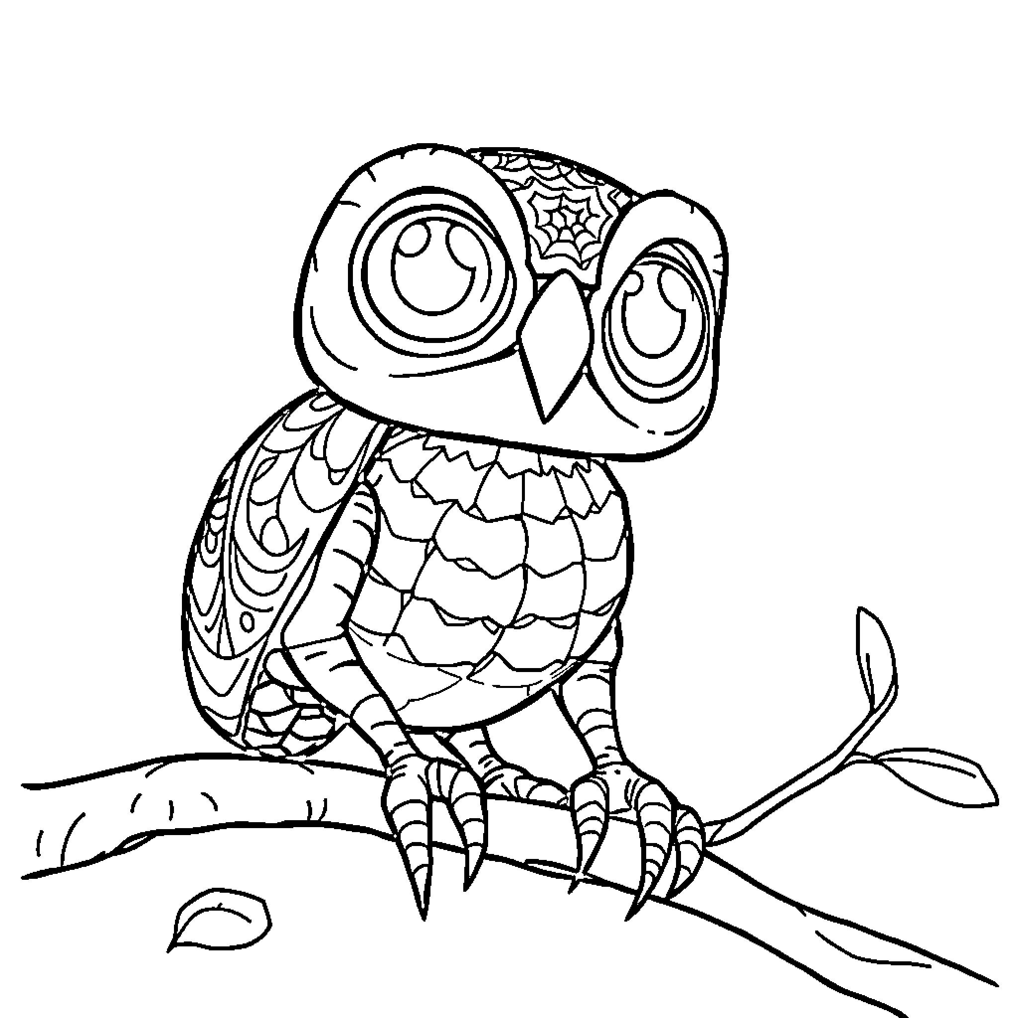 Spider-Themed Owl Illustration Coloring Page (free black-and-white line drawing printable PDF for all, from beginners to advanced learners, including children, teens, adults, and seniors)