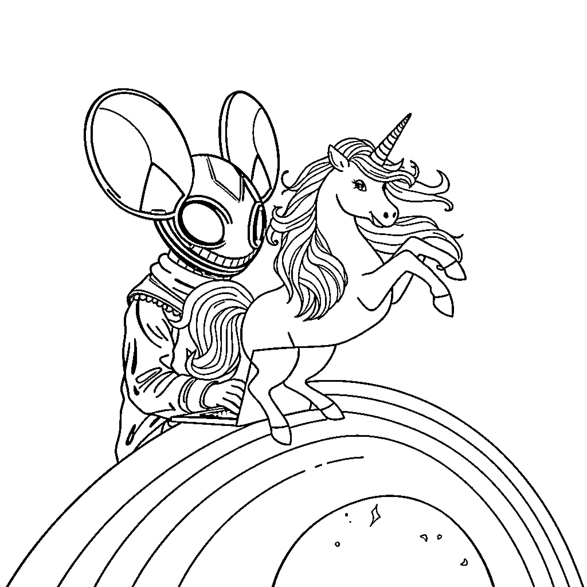Unicorn riding on colorful rainbows Coloring Page (free black-and-white line drawing printable PDF for all, from beginners to advanced learners, including children, teens, adults, and seniors)