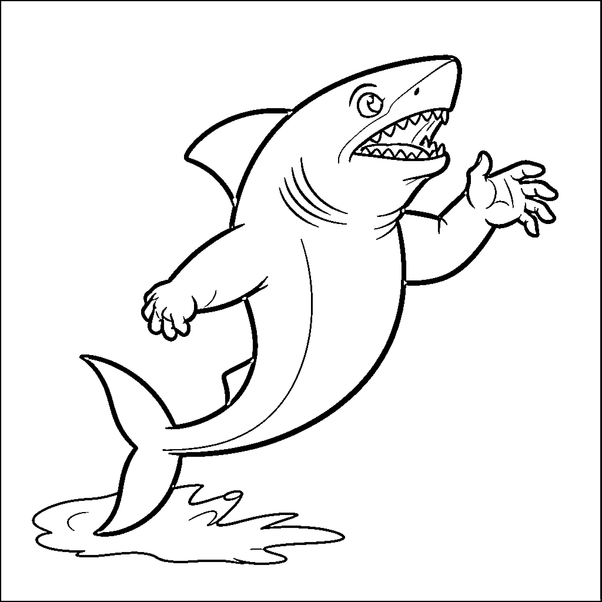 Shark dancing joyfully while splashing in the water Coloring Page (free black-and-white line drawing printable PDF for all, from beginners to advanced learners, including children, teens, adults, and seniors)
