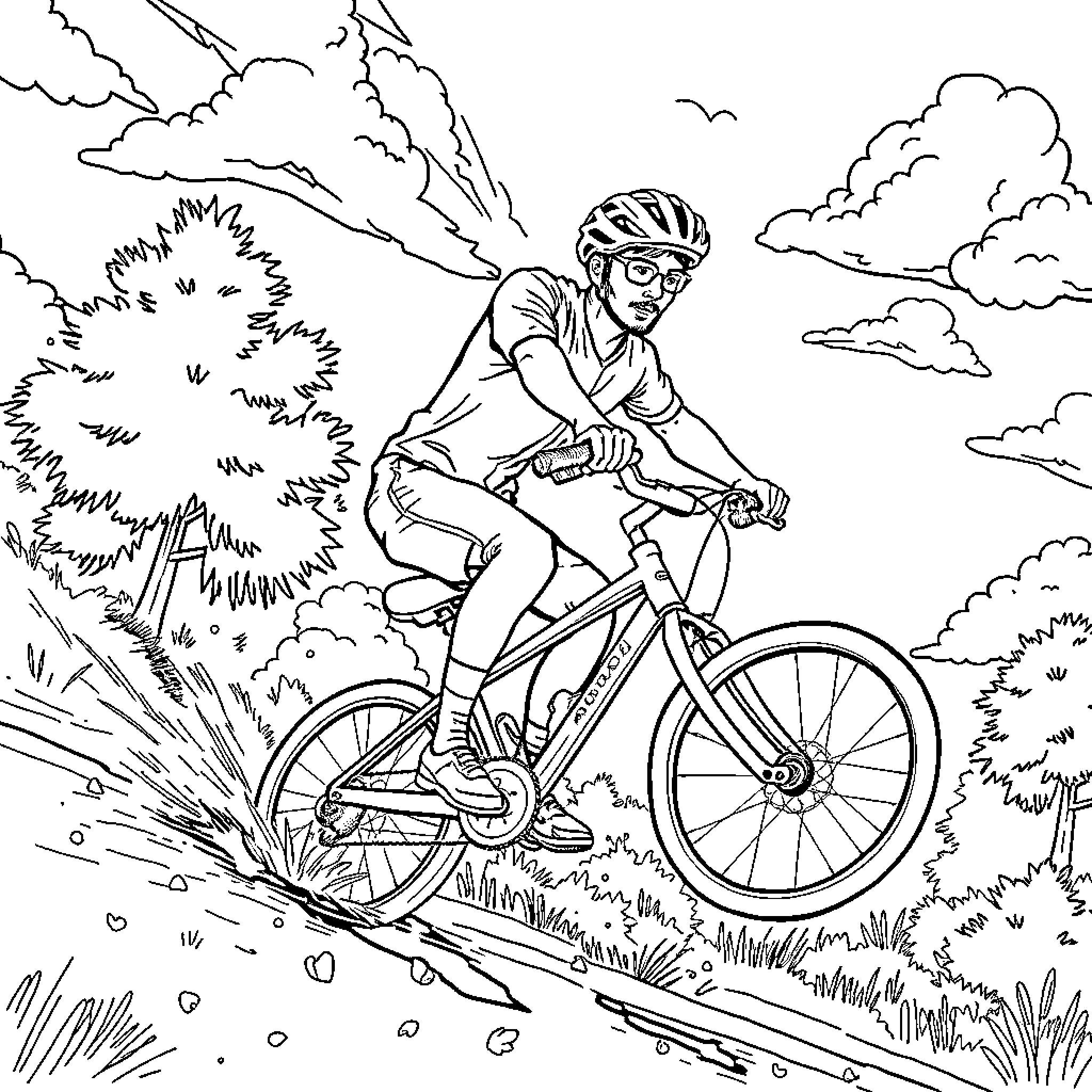 Hombre cycling through rugged terrain Coloring Page (free black-and-white line drawing printable PDF for all, from beginners to advanced learners, including children, teens, adults, and seniors)