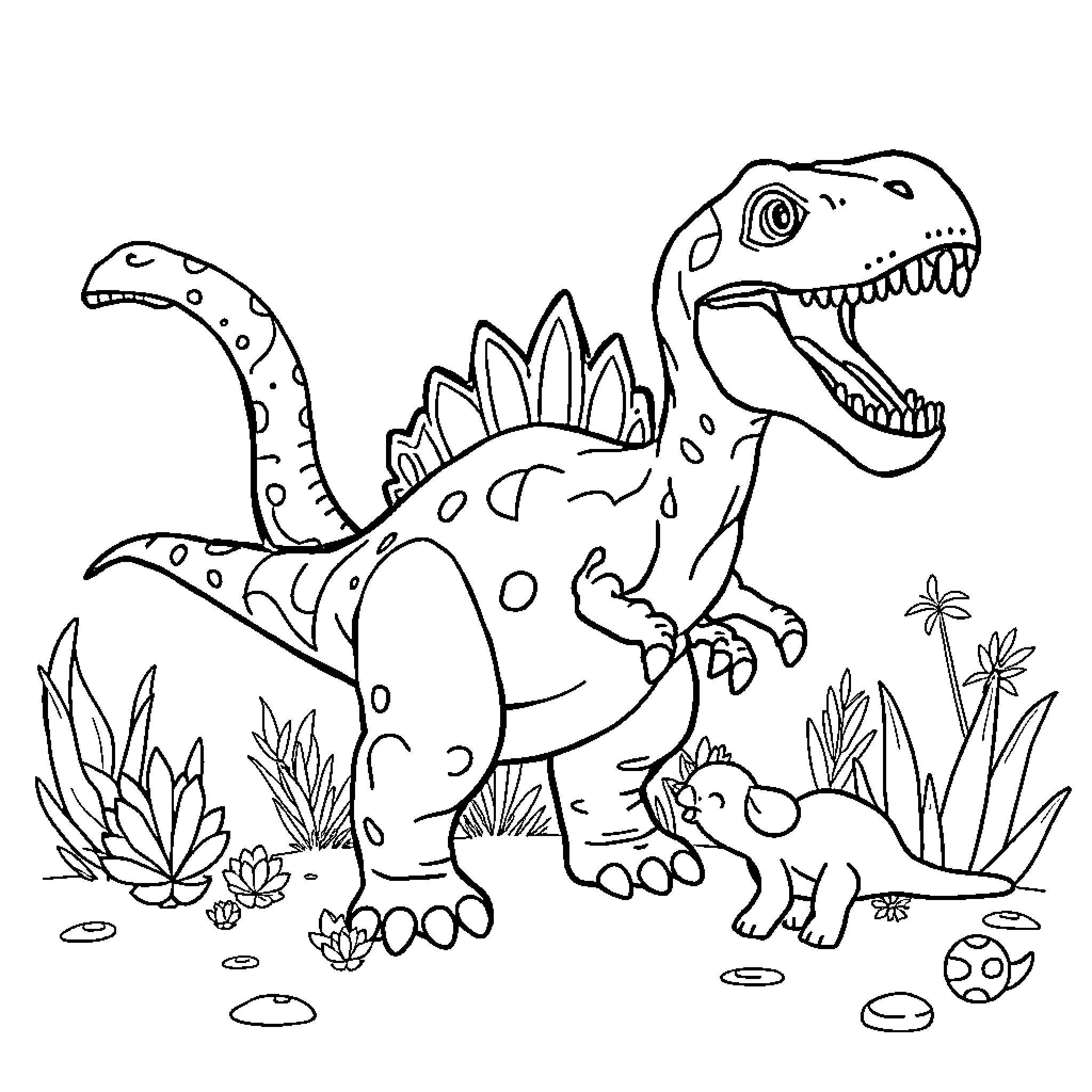 Dinosaurs in Prehistoric Jungle Scene Coloring Page (free black-and-white line drawing printable PDF for all, from beginners to advanced learners, including children, teens, adults, and seniors)