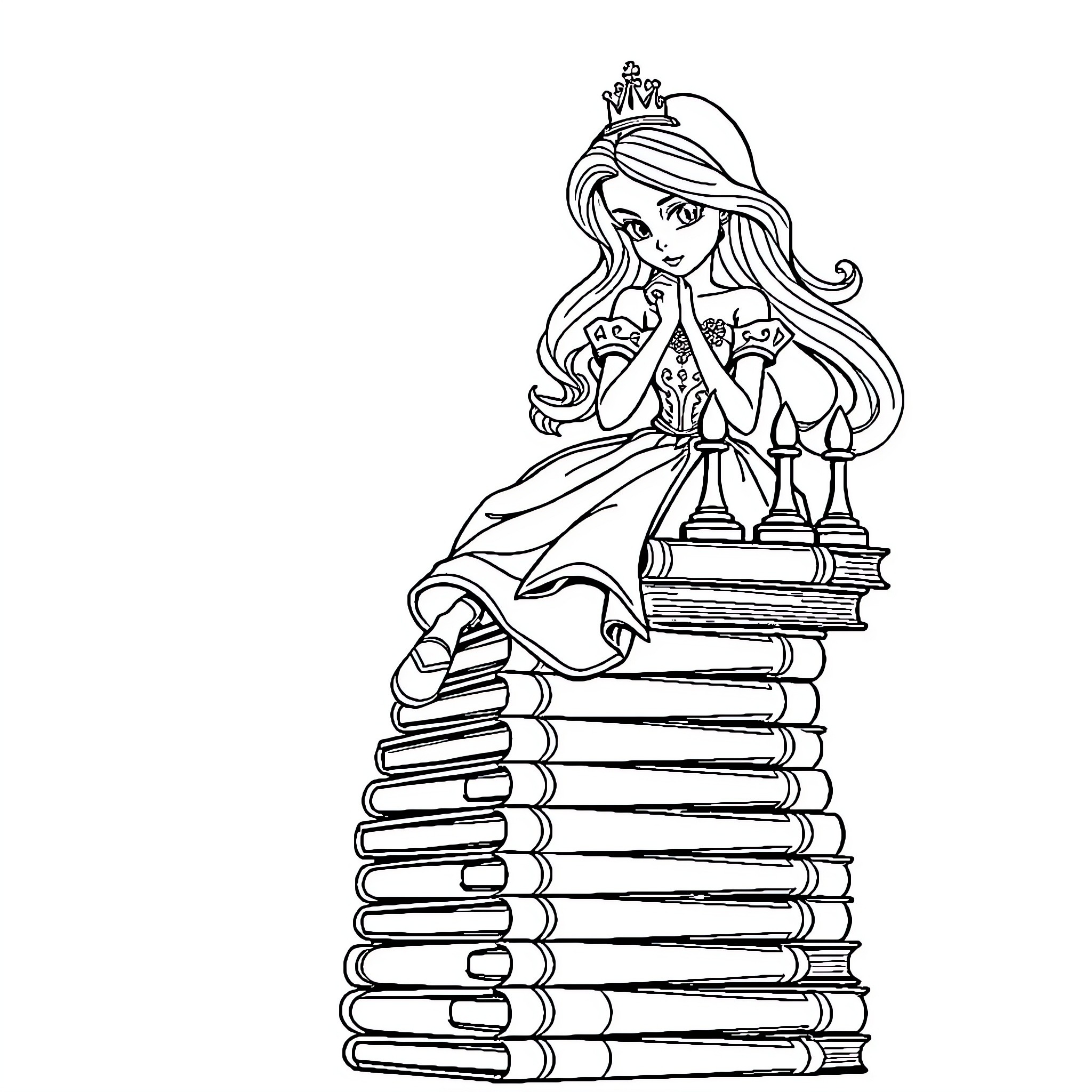 Princess Reading Books on Stack of Books Coloring Page (free black-and-white line drawing printable PDF for all, from beginners to advanced learners, including children, teens, adults, and seniors)