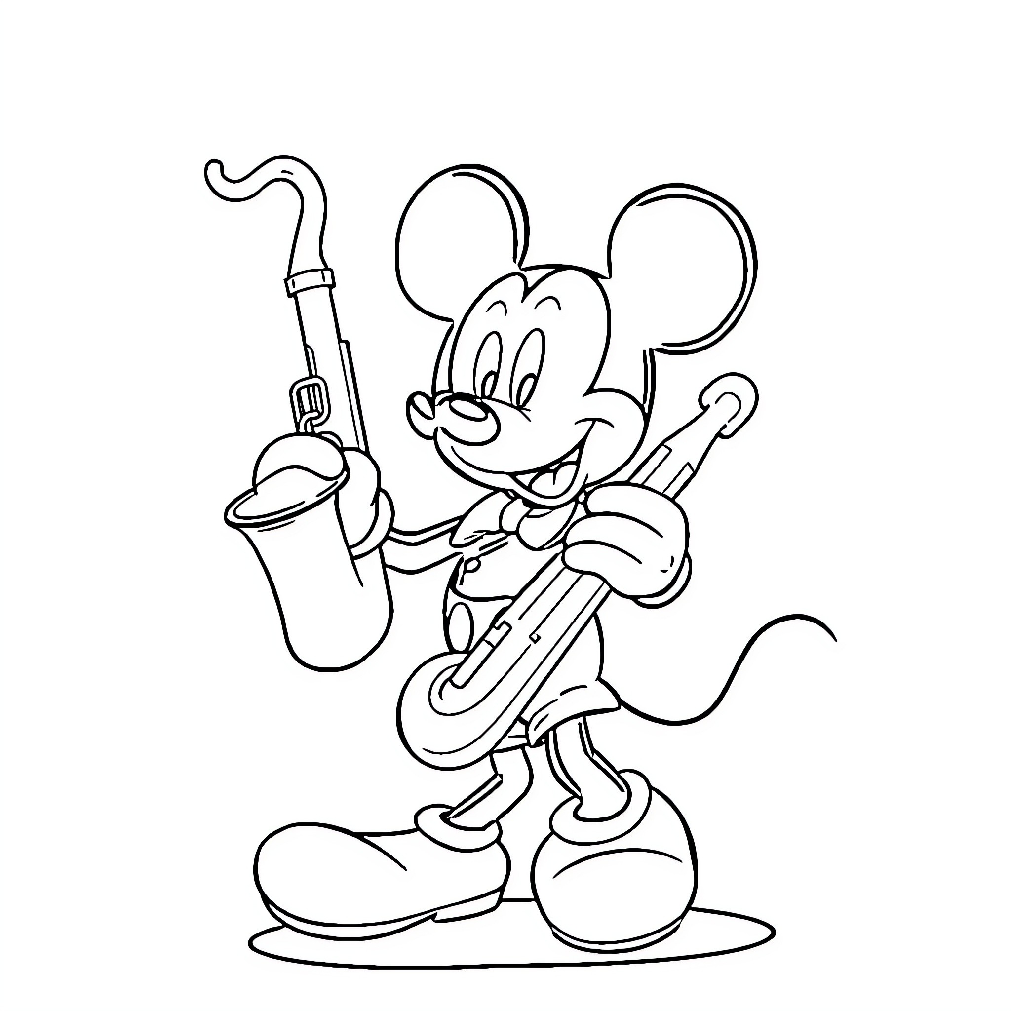 Mickey Mouse playing with tools Coloring Page (free black-and-white line drawing printable PDF for all, from beginners to advanced learners, including children, teens, adults, and seniors)
