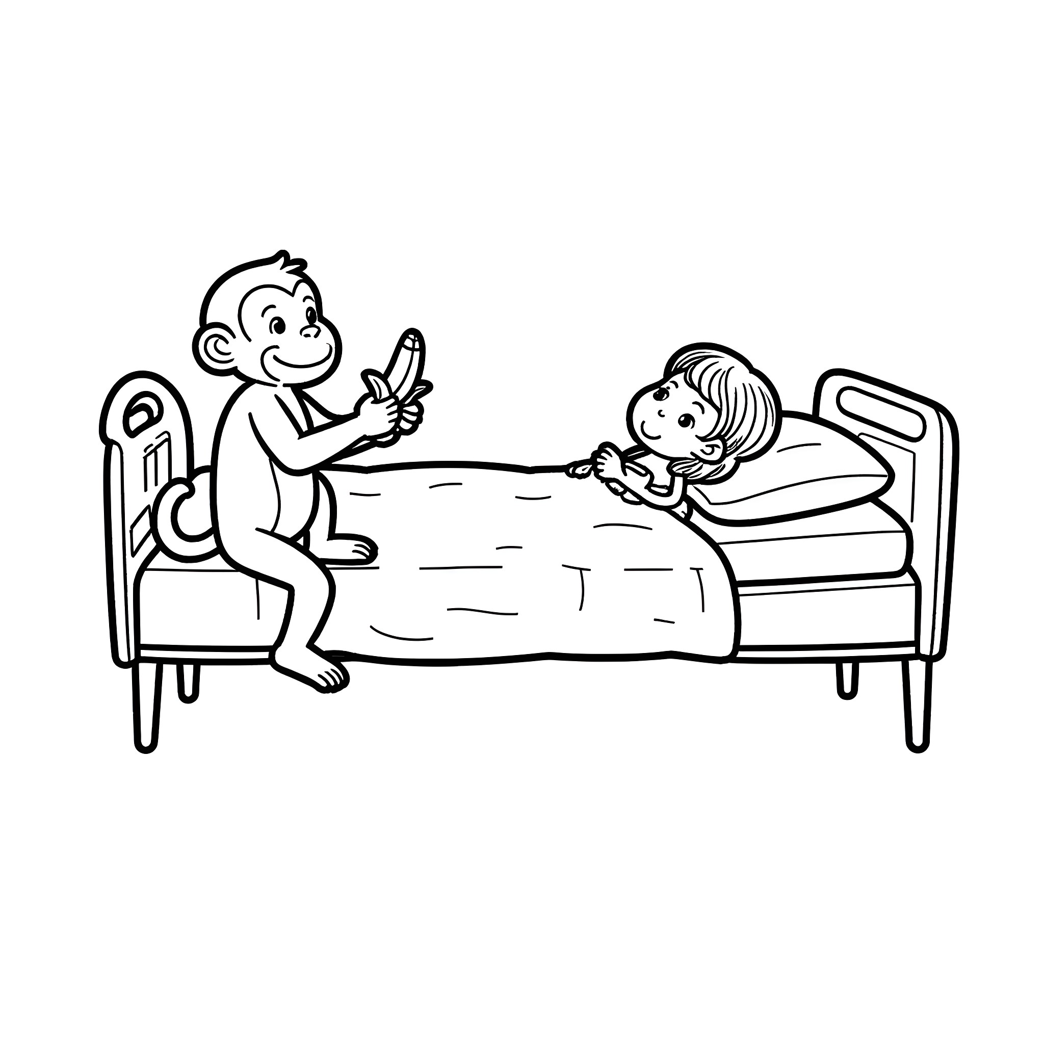Monkey comforting child in hospital bed Coloring Page (free black-and-white line drawing printable PDF for all, from beginners to advanced learners, including children, teens, adults, and seniors)