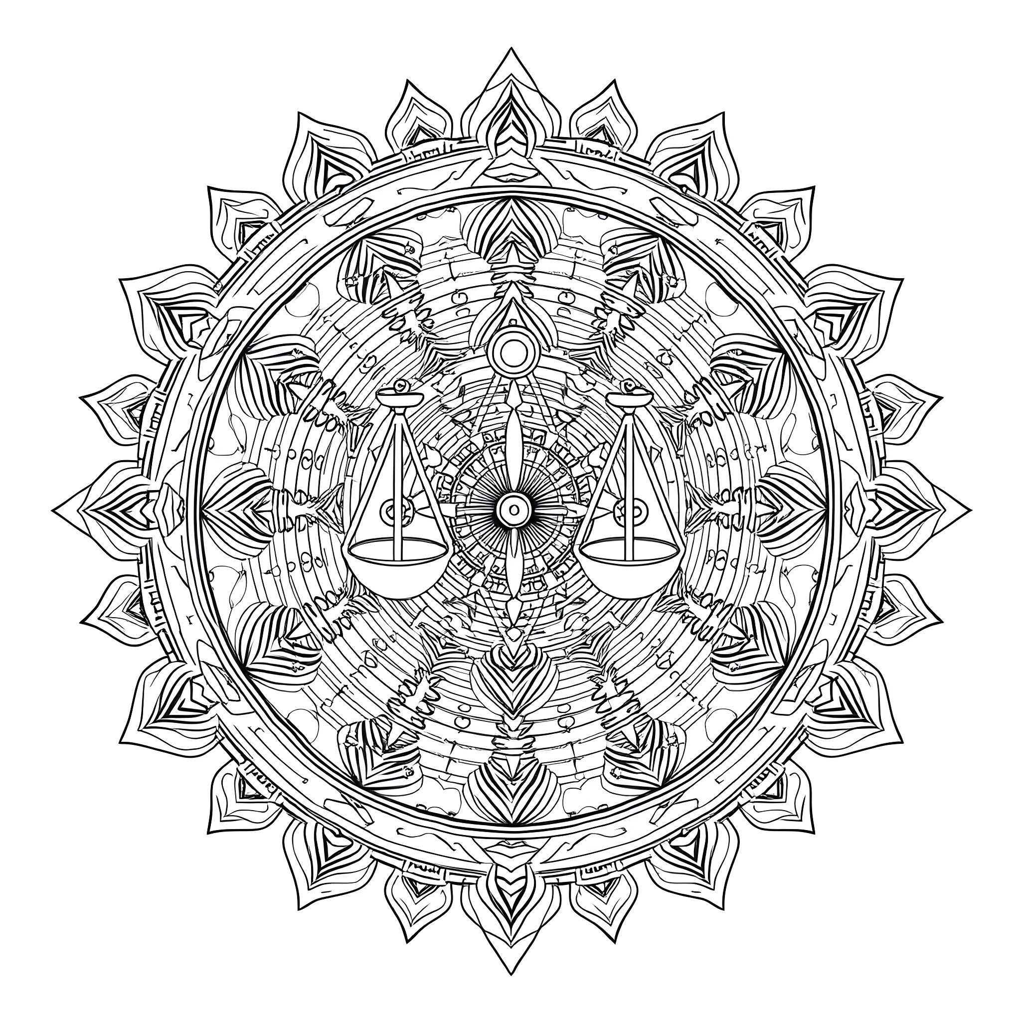 Mandala with abstract geometric patterns and symbols Coloring Page (free black-and-white line drawing printable PDF for all, from beginners to advanced learners, including children, teens, adults, and seniors)