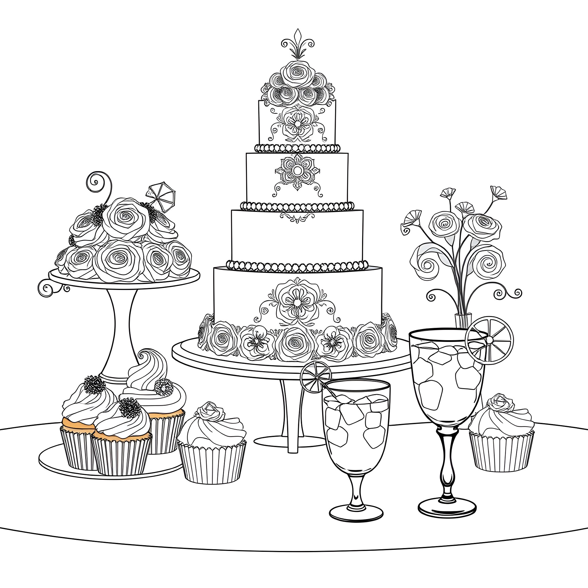 Cake Decorations, Cupcakes, and Floral Arrangements Coloring Page (free black-and-white line drawing printable PDF for all, from beginners to advanced learners, including children, teens, adults, and seniors)