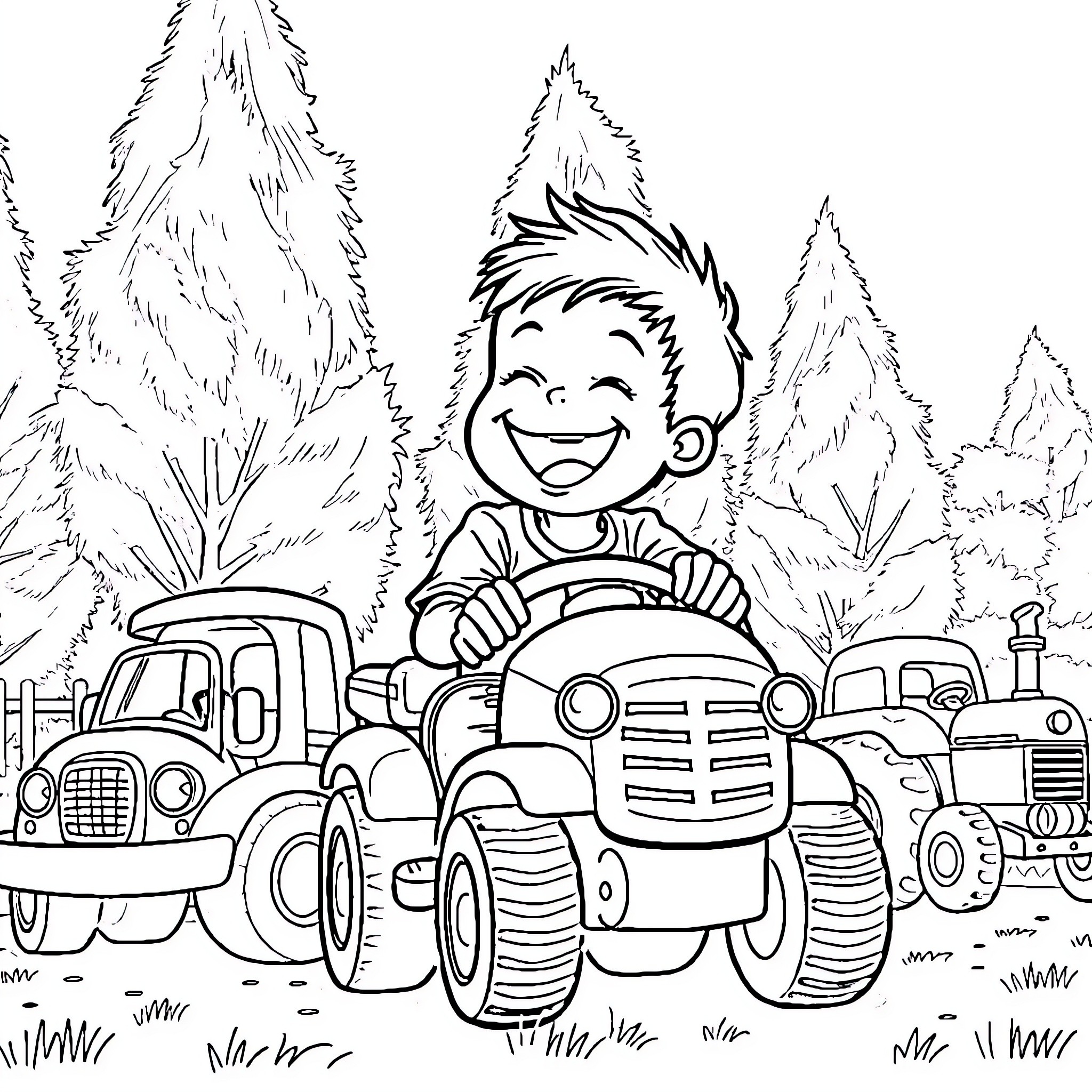 Boy playing happily with tractors in the woods Coloring Page (free black-and-white line drawing printable PDF for all, from beginners to advanced learners, including children, teens, adults, and seniors)